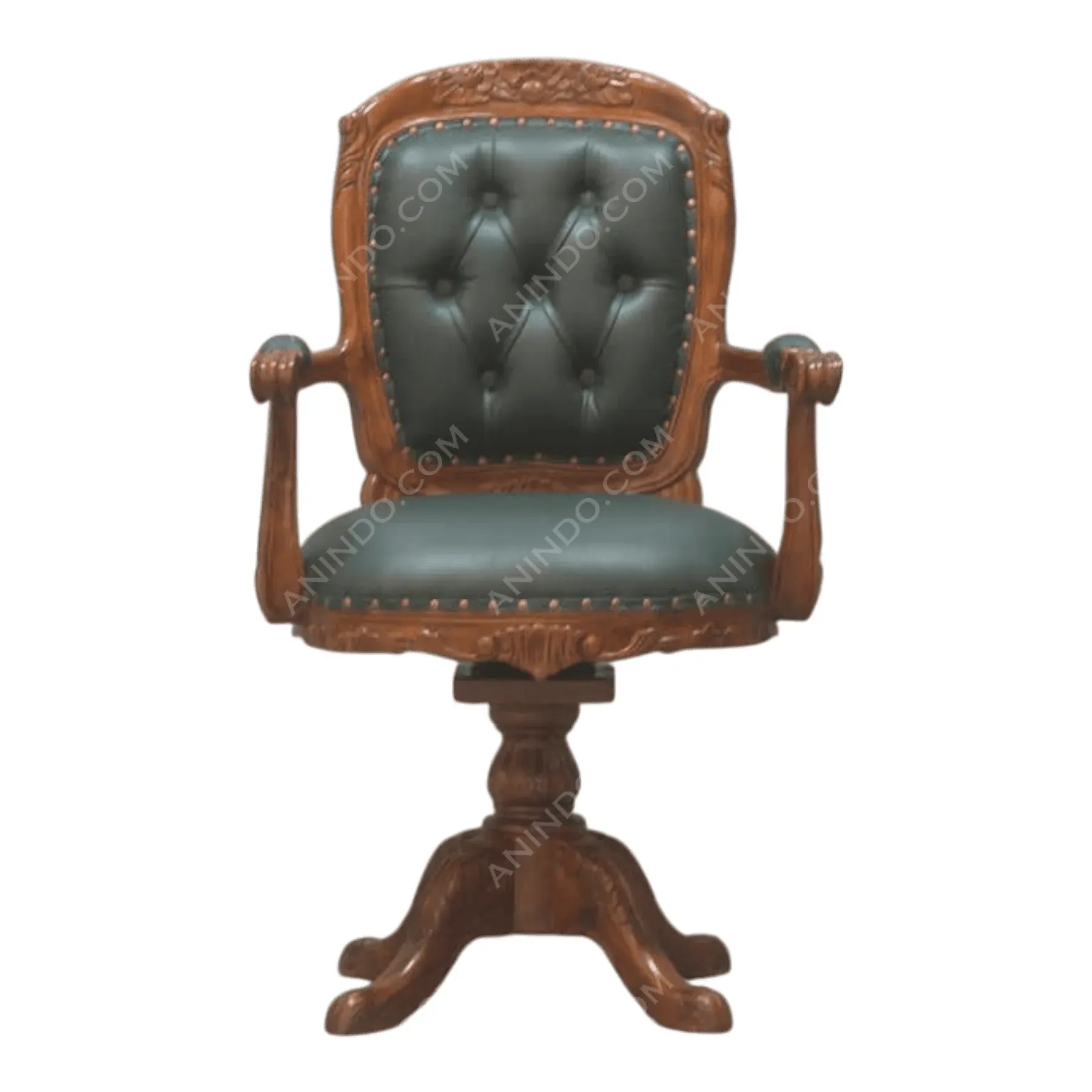 Vintage wooden chair with green leather upholstery