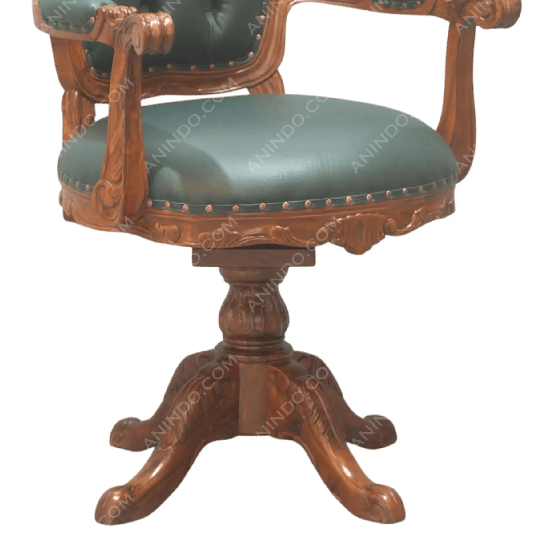 Vintage wooden swivel chair with green leather seat