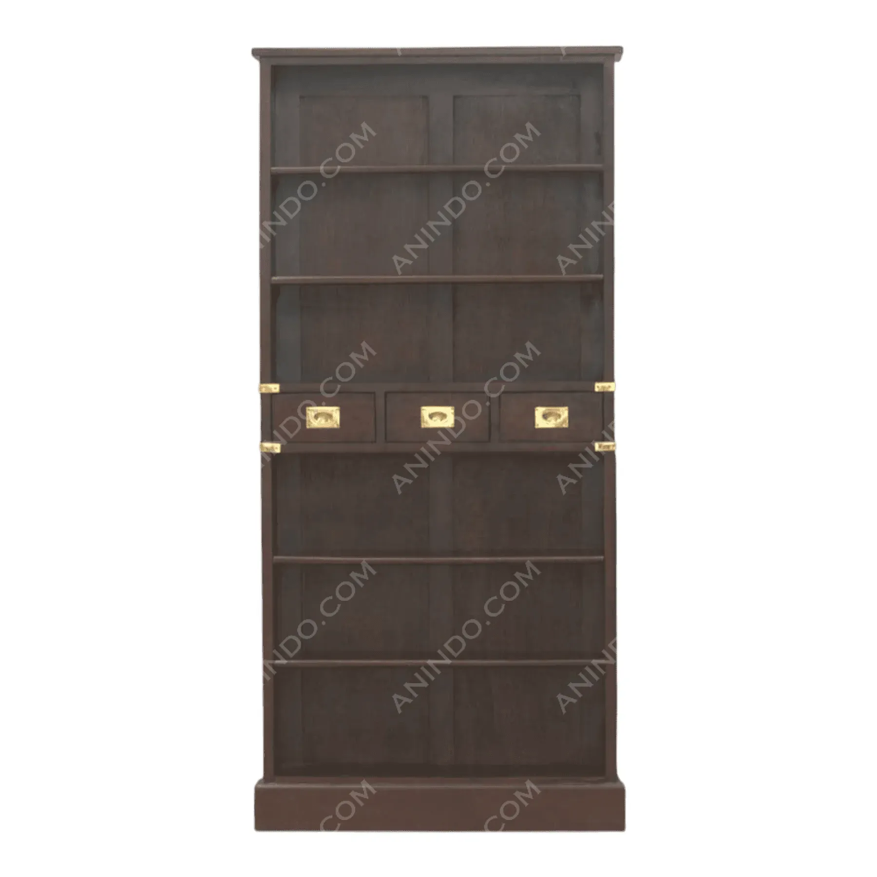 Tall dark wood bookshelf with drawers and shelves