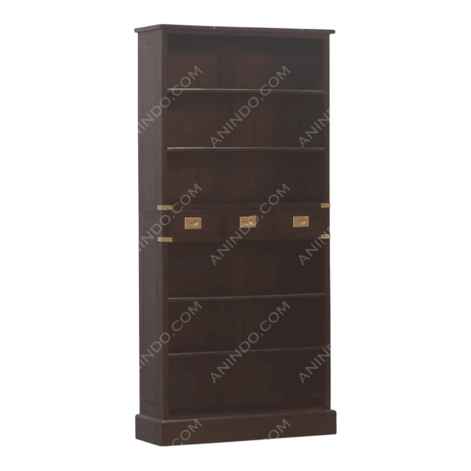 Tall dark wood bookshelf with drawers and shelves