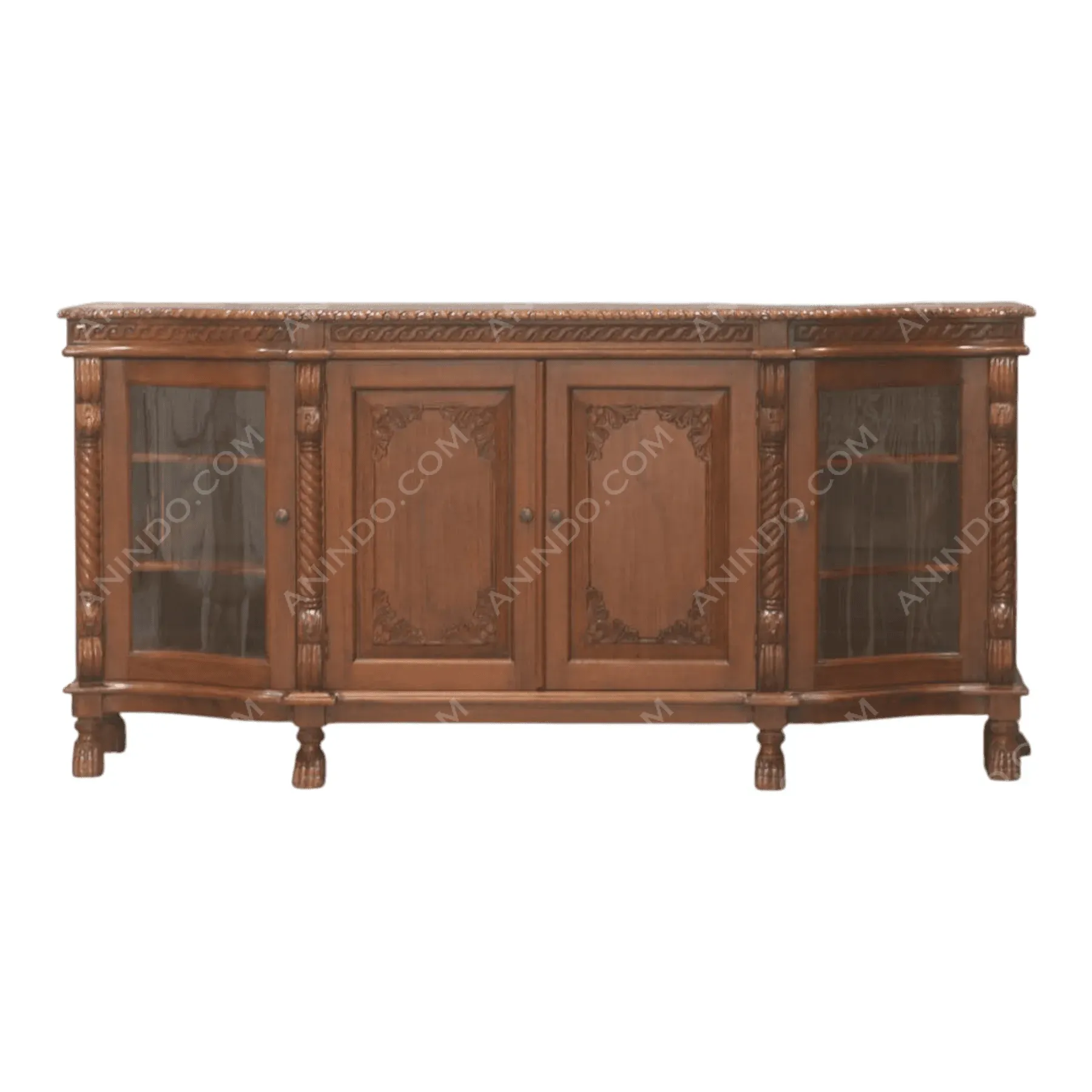 Vintage wooden sideboard with carved details and glass doors