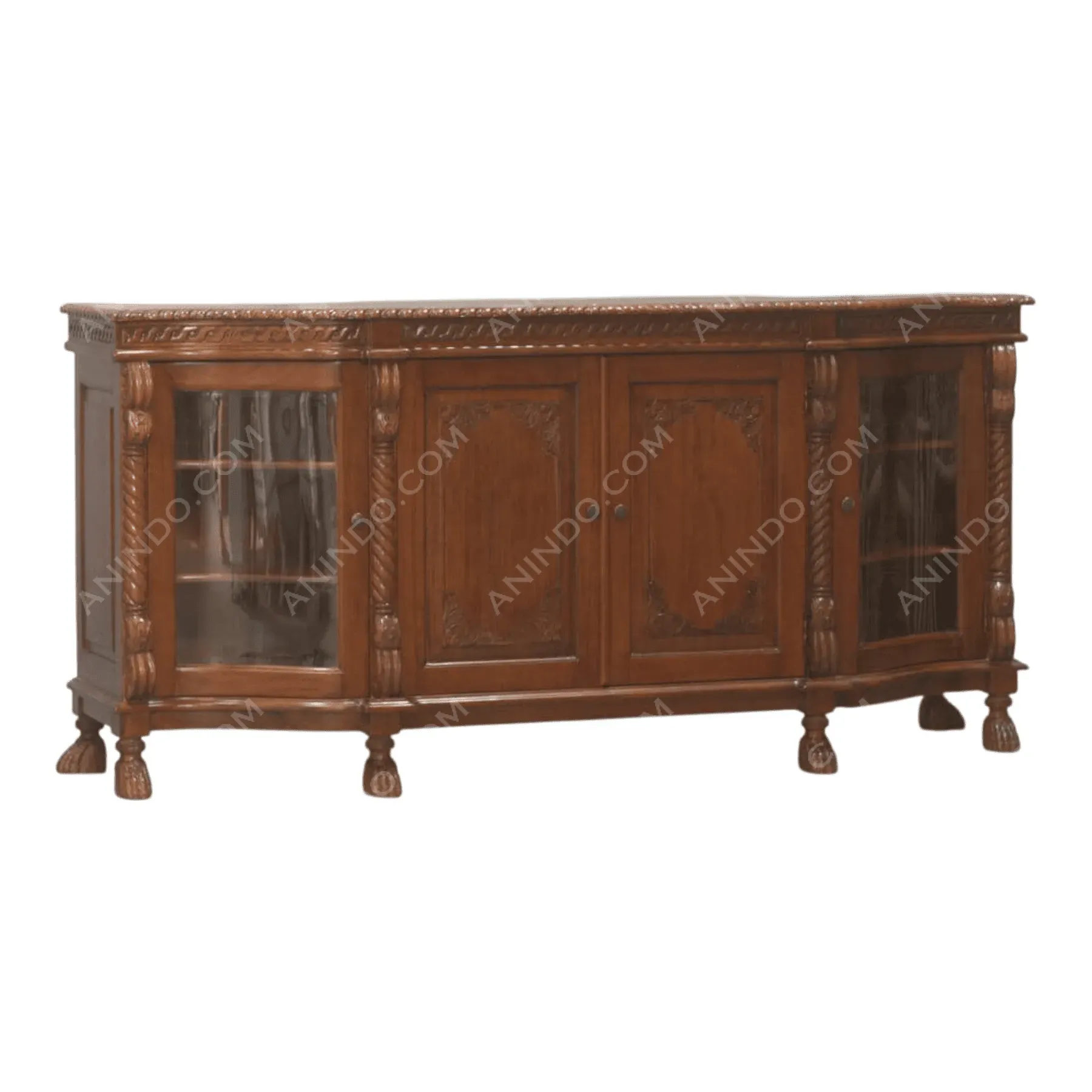 Antique wooden sideboard with carved details and glass doors