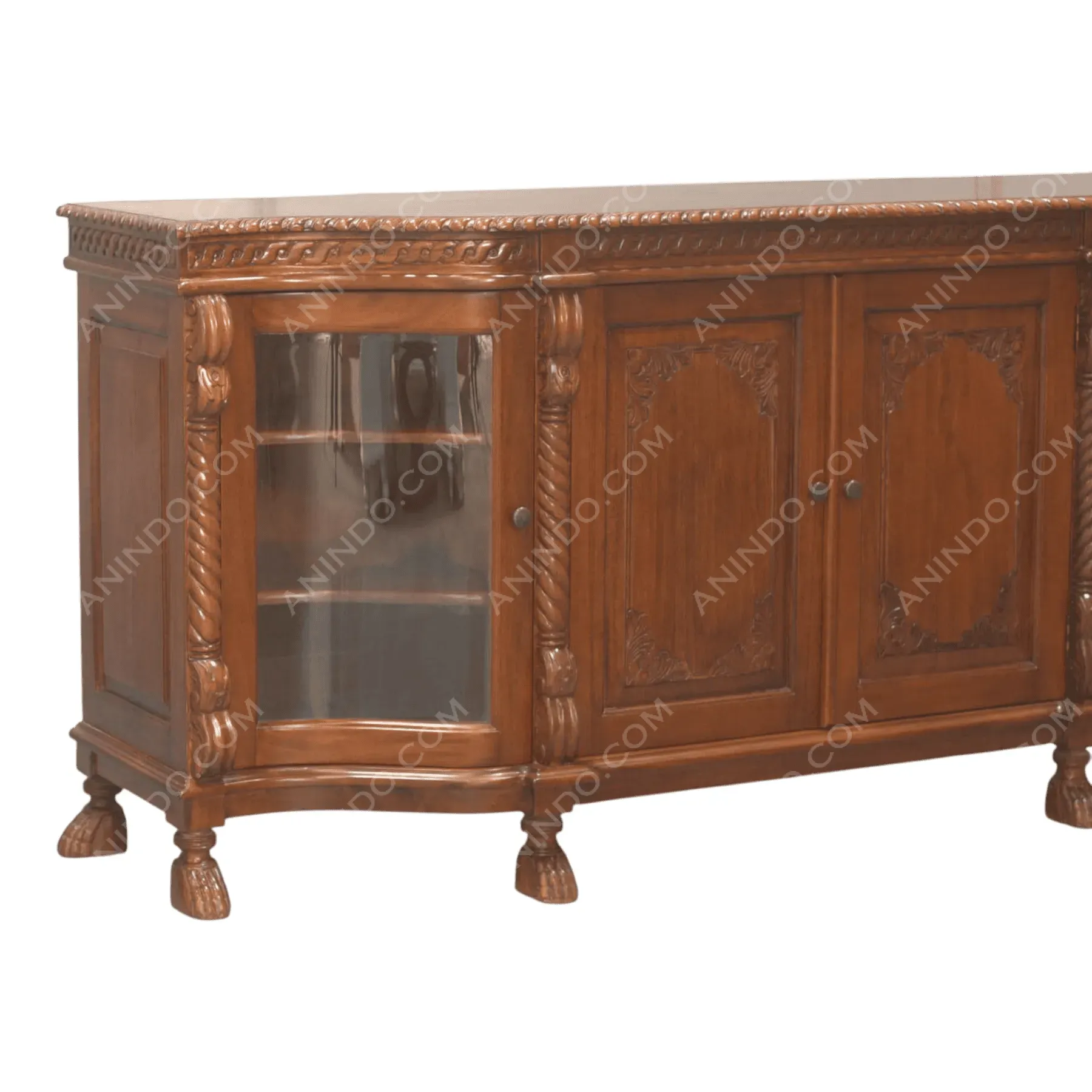 Vintage wooden sideboard with carved details and glass door