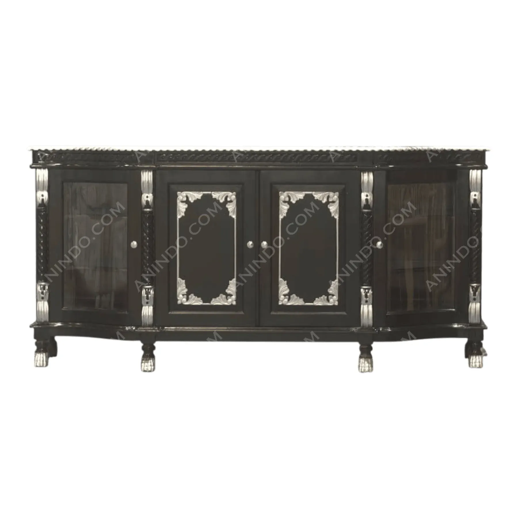 Black wooden sideboard with silver decorative accents