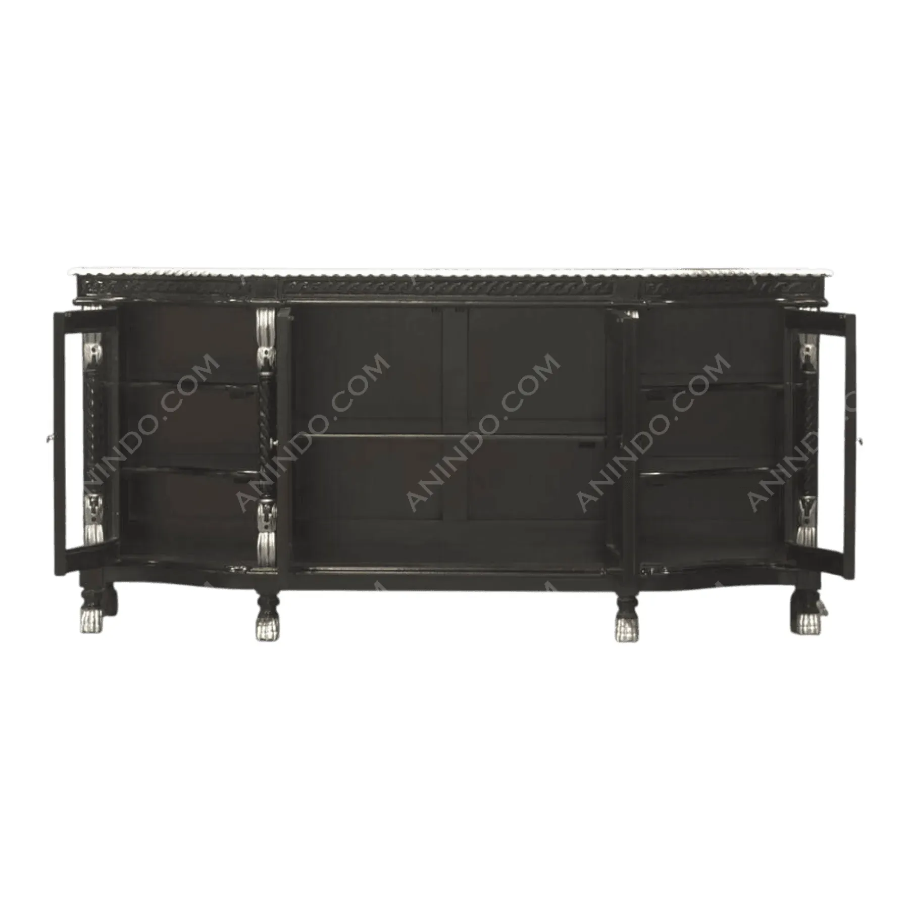Black wooden sideboard with open cabinet doors