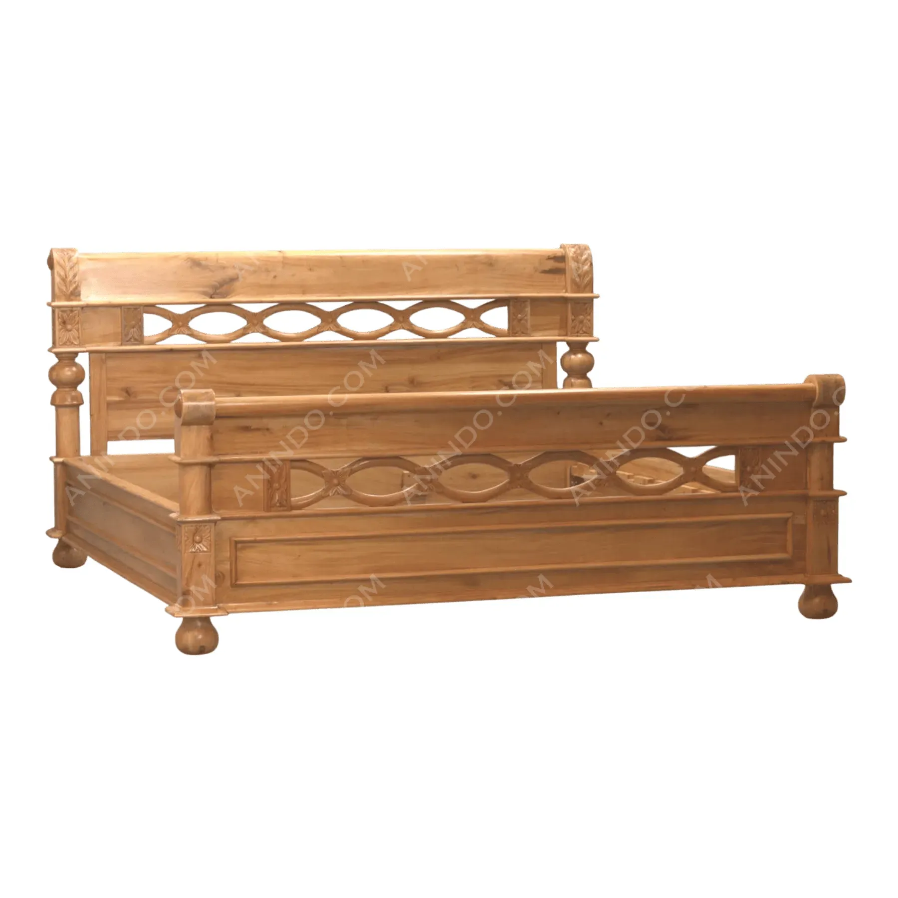 Rustic wooden bed frame with carved details