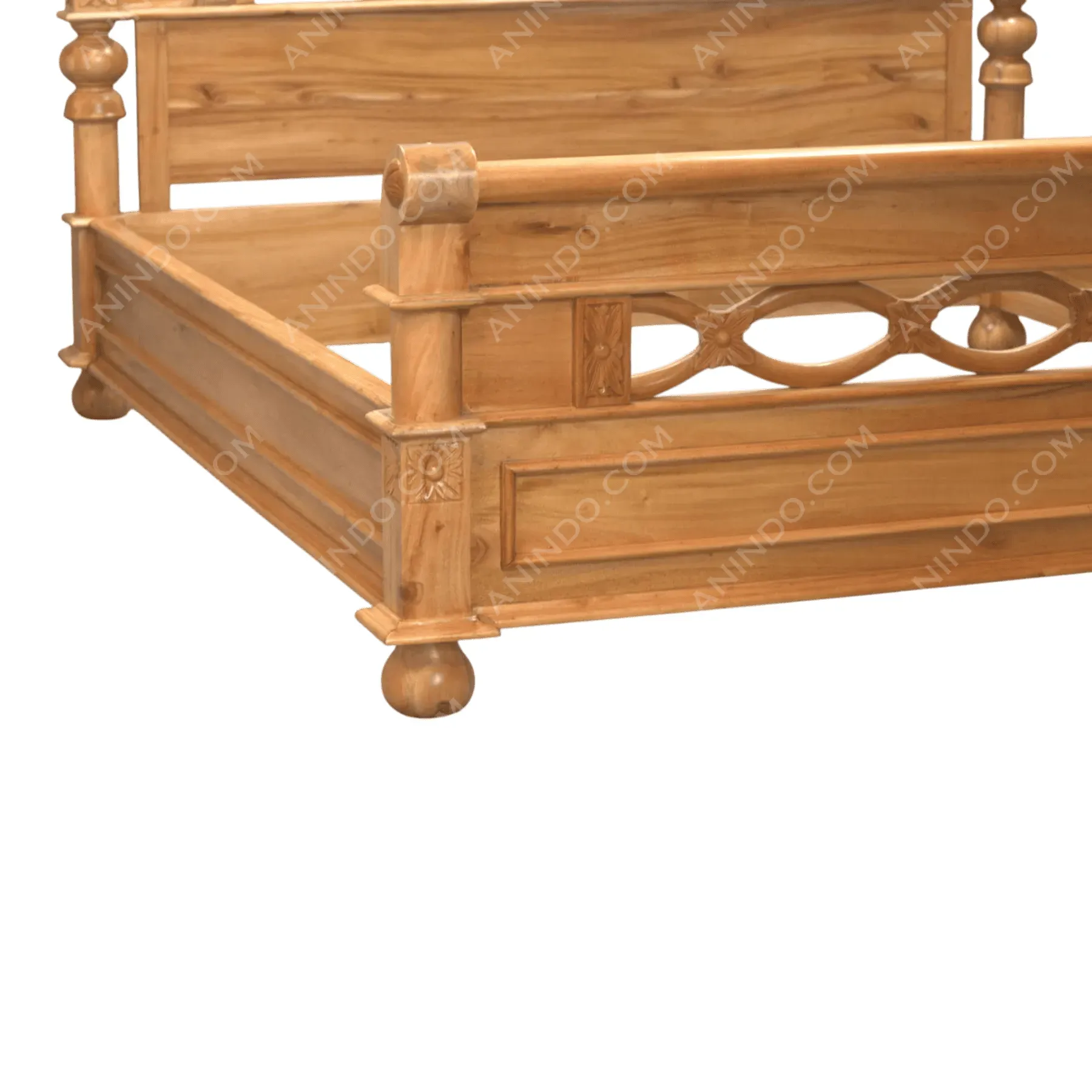 Handcrafted wooden bed frame with carved details