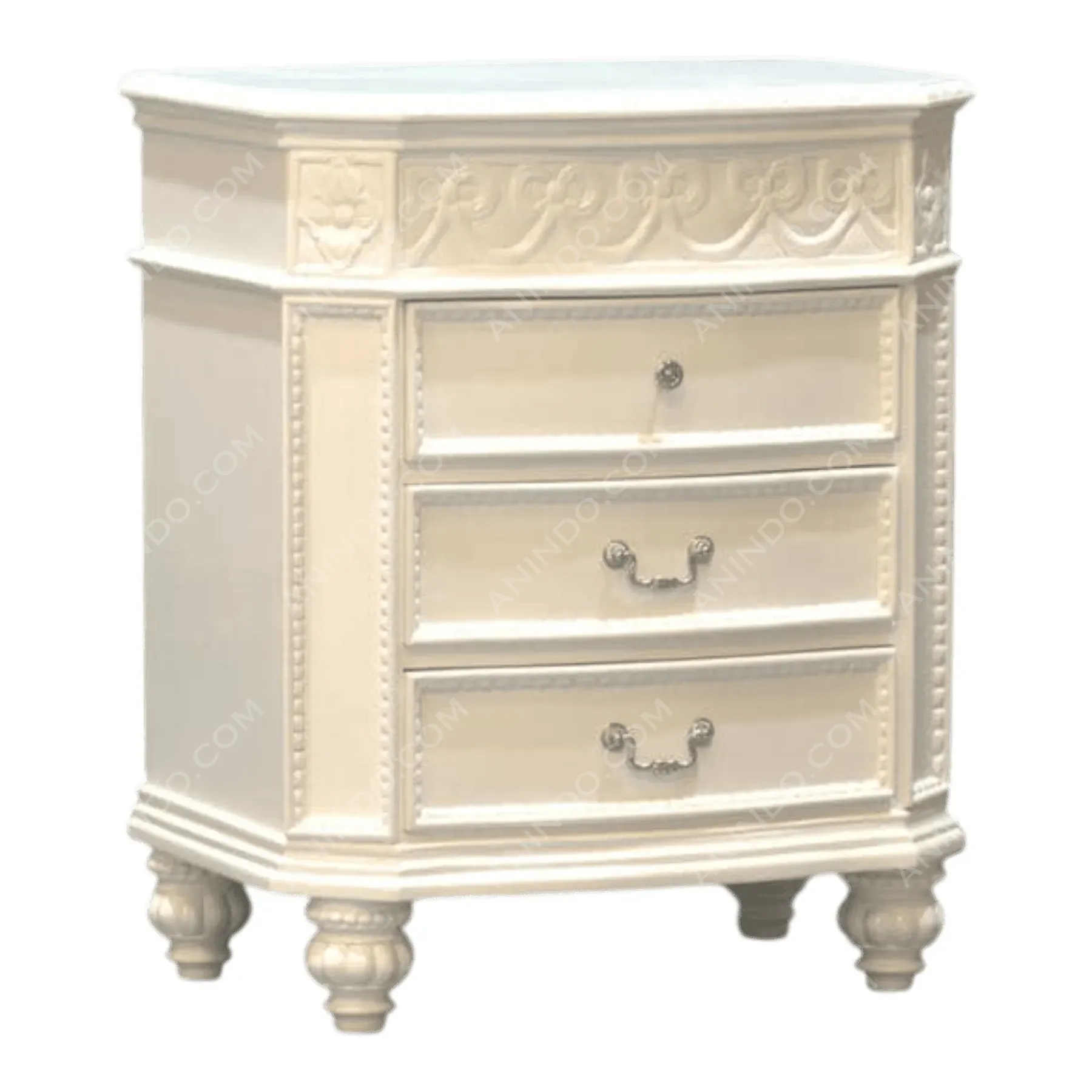Vintage cream wooden nightstand with three drawers