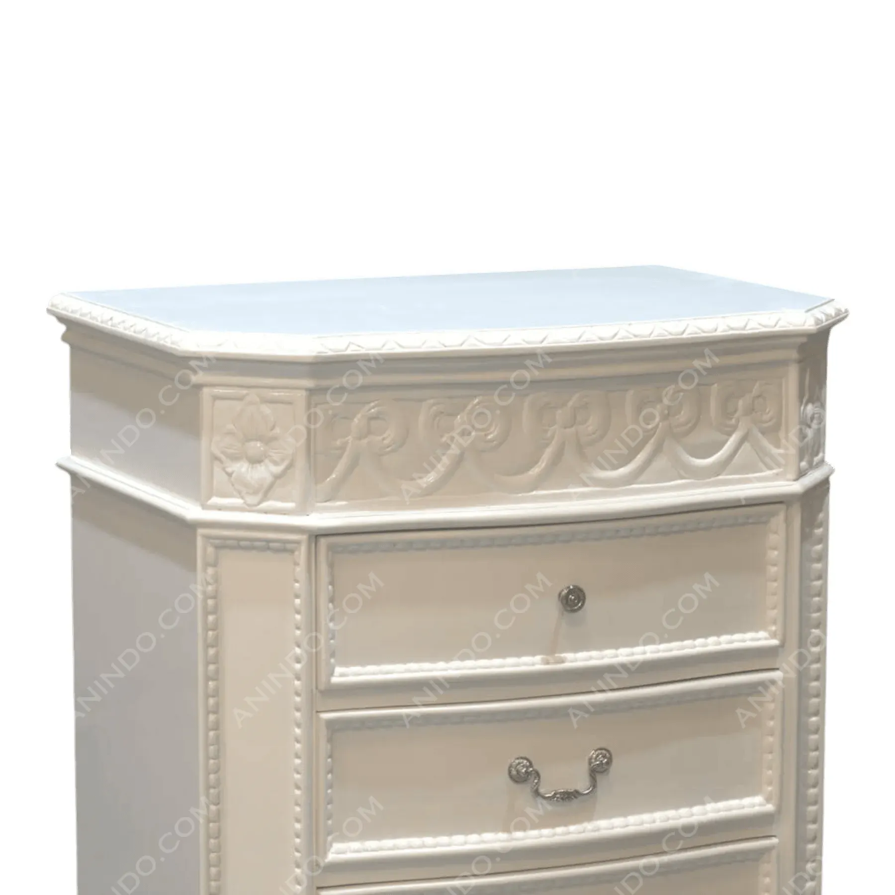 White vintage dresser with ornate carved details