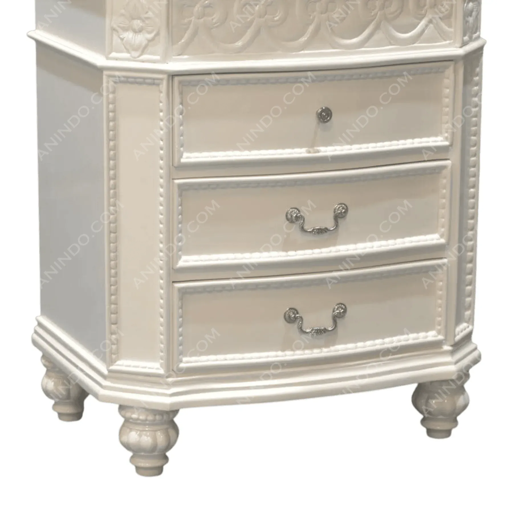 White vintage dresser with three drawers and ornate handles