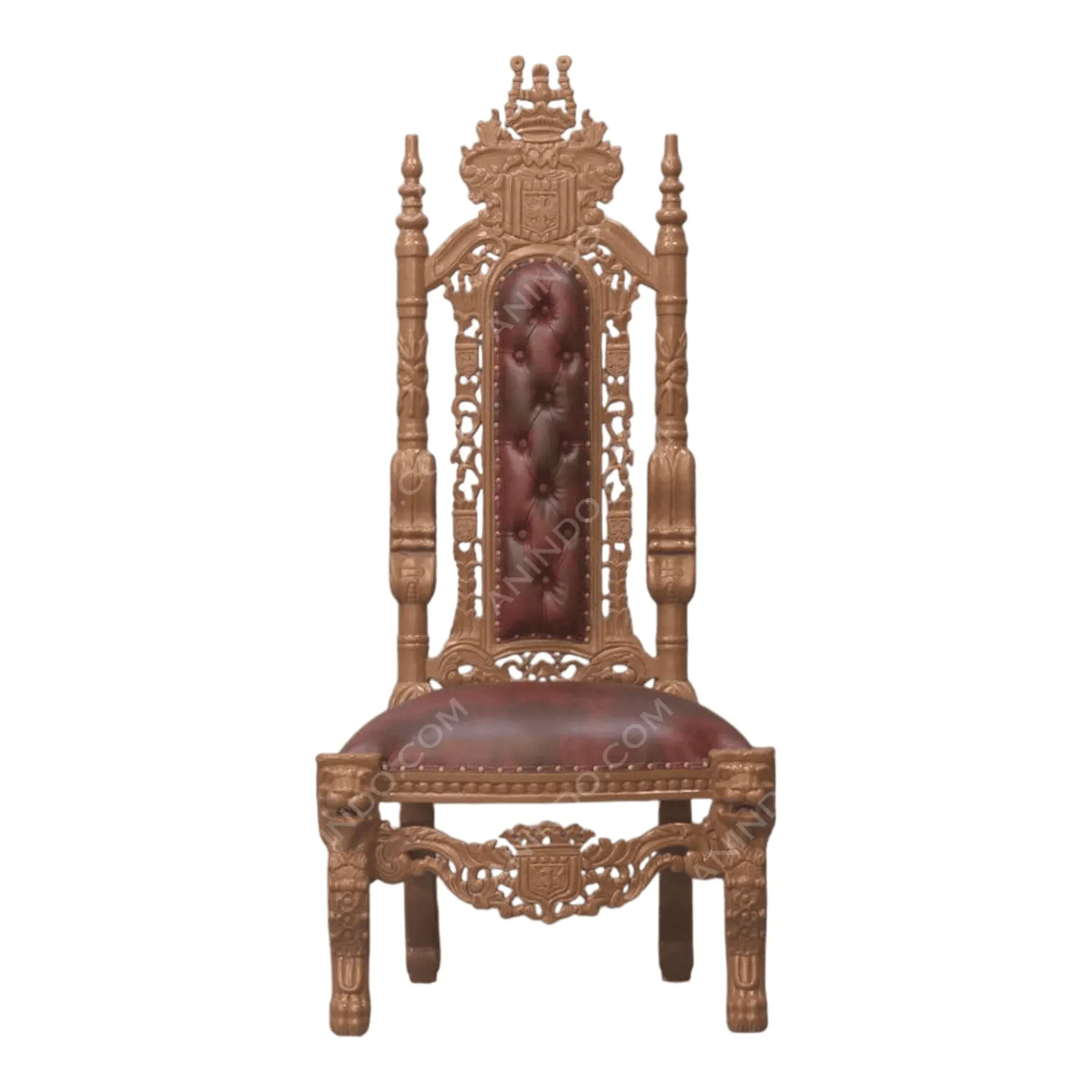 Ornate wooden throne with red leather upholstery