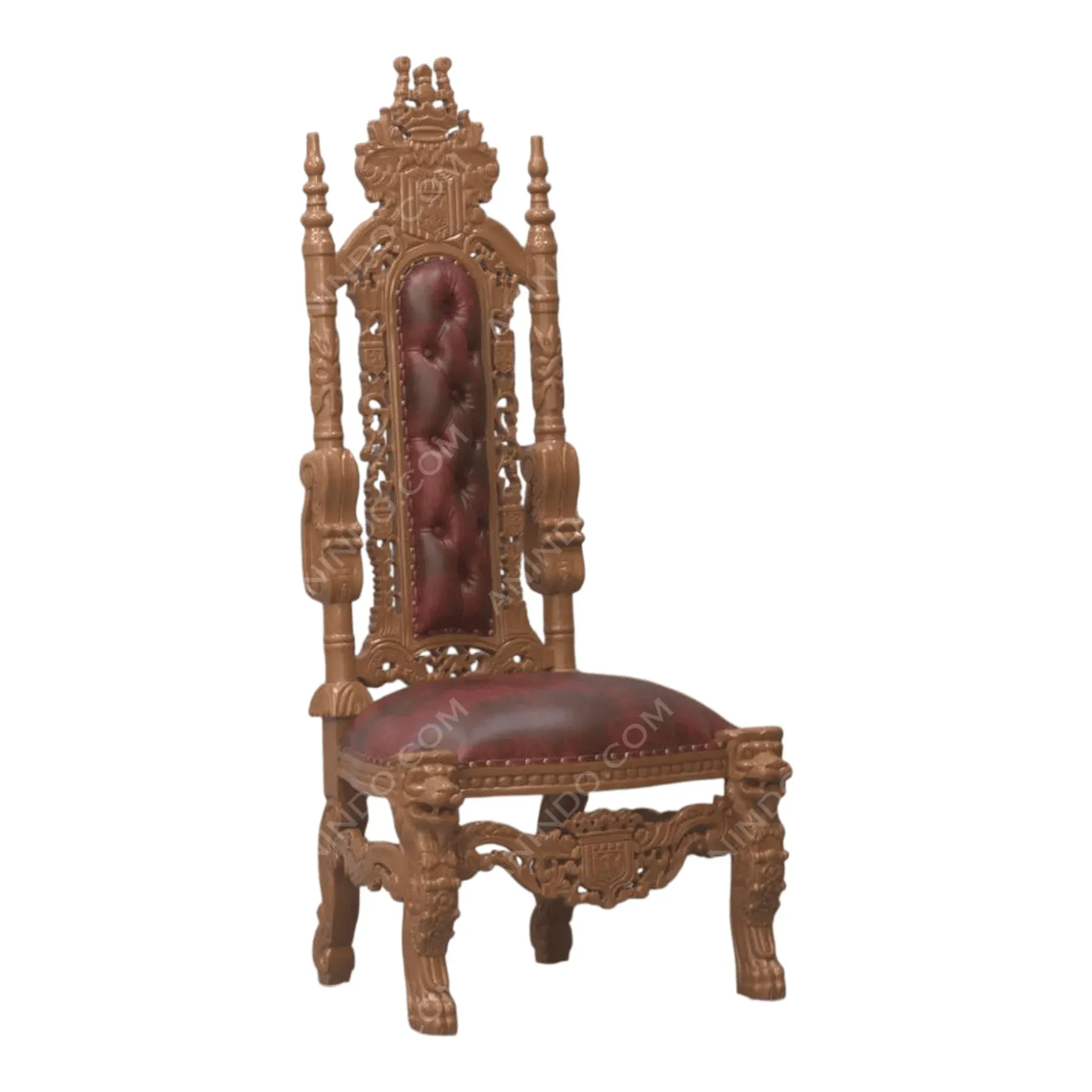 Ornate wooden throne with red leather upholstery