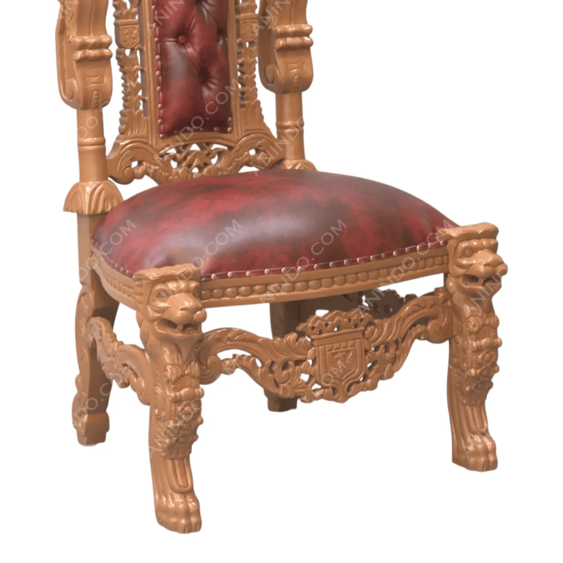 Ornate wooden chair with red leather upholstery