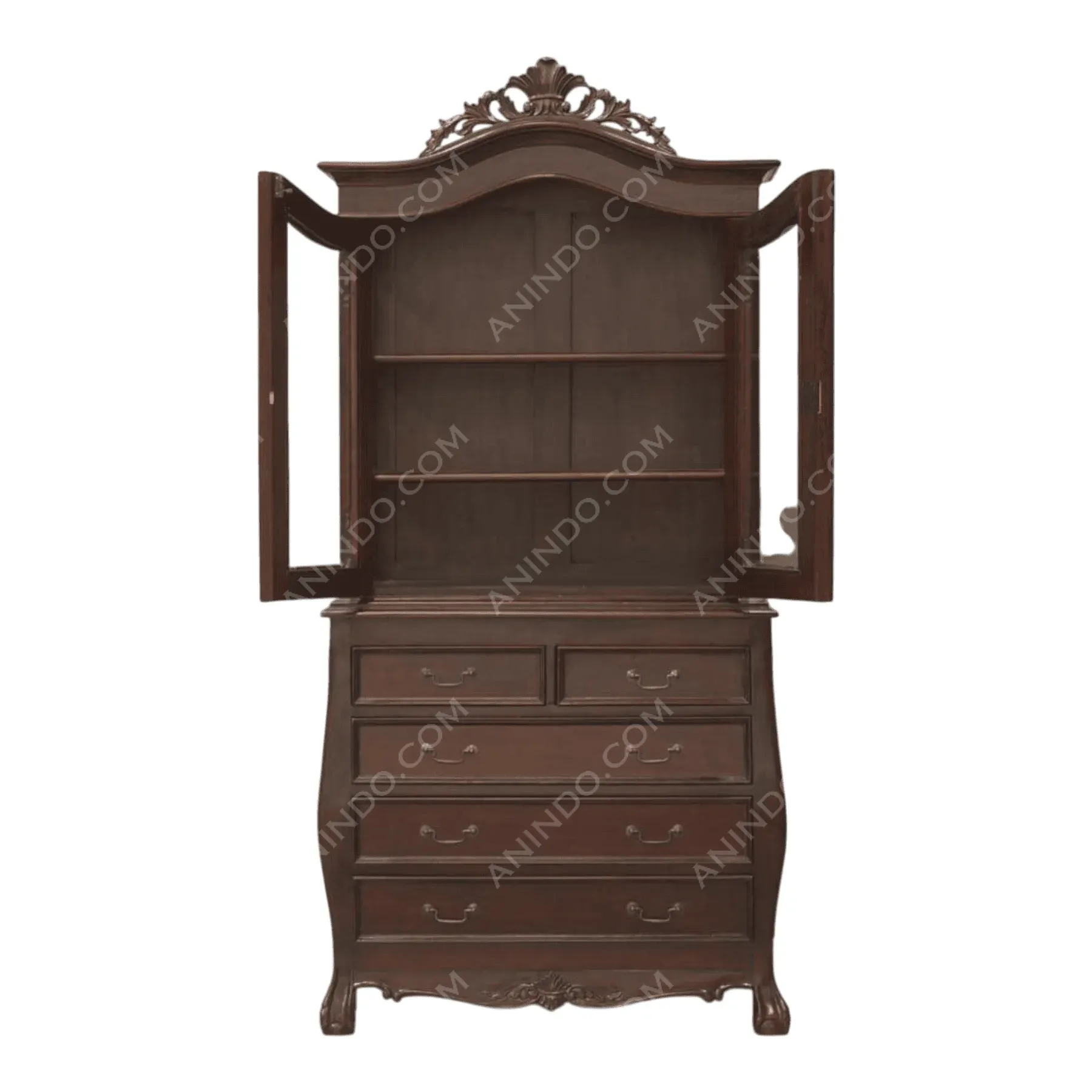 Vintage wooden cabinet with open glass doors
