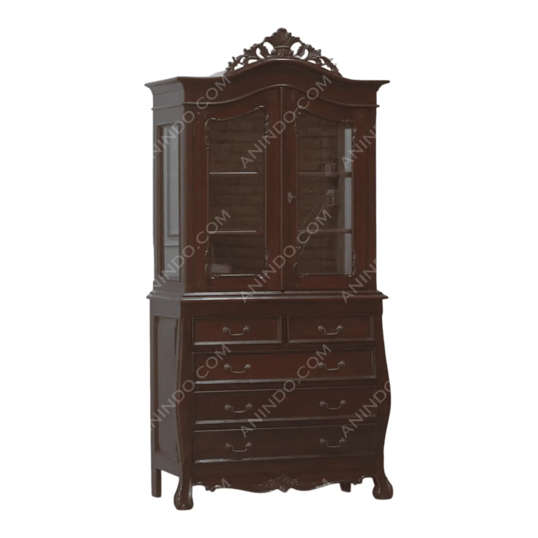 Antique dark wood china cabinet with drawers