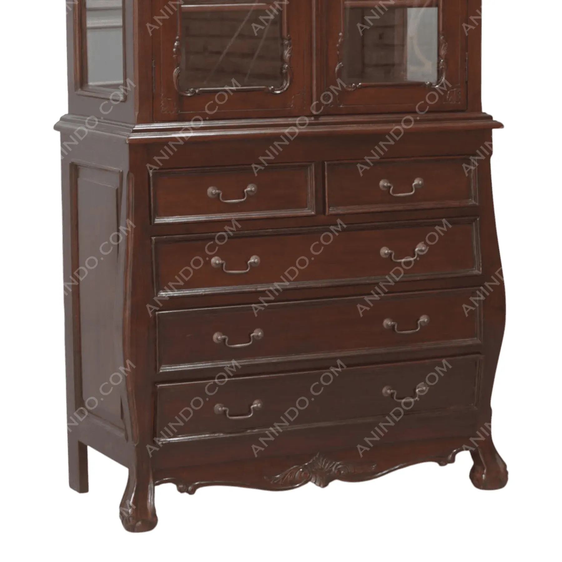 Vintage wooden dresser with drawers and glass cabinet