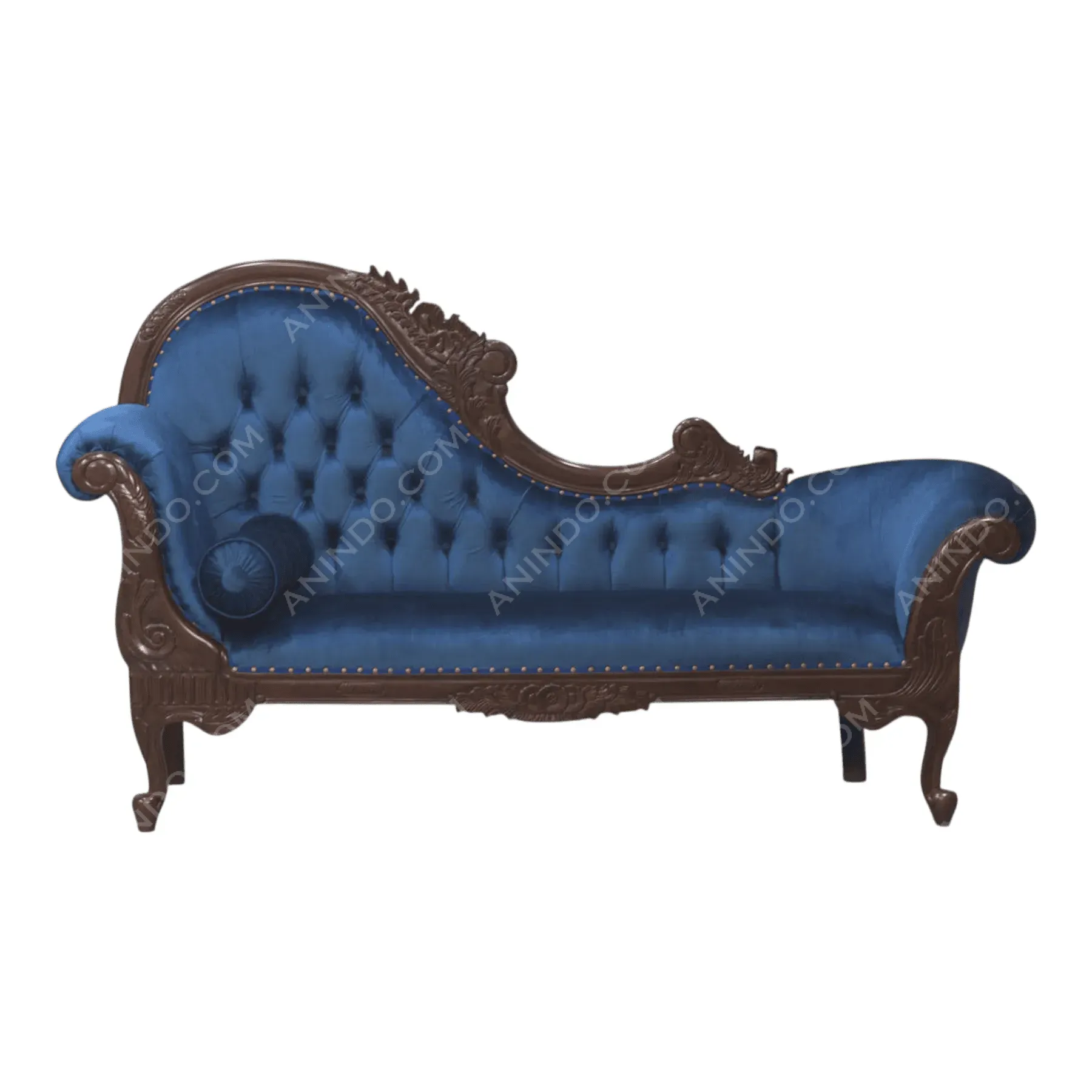 Elegant blue velvet chaise lounge with wooden frame