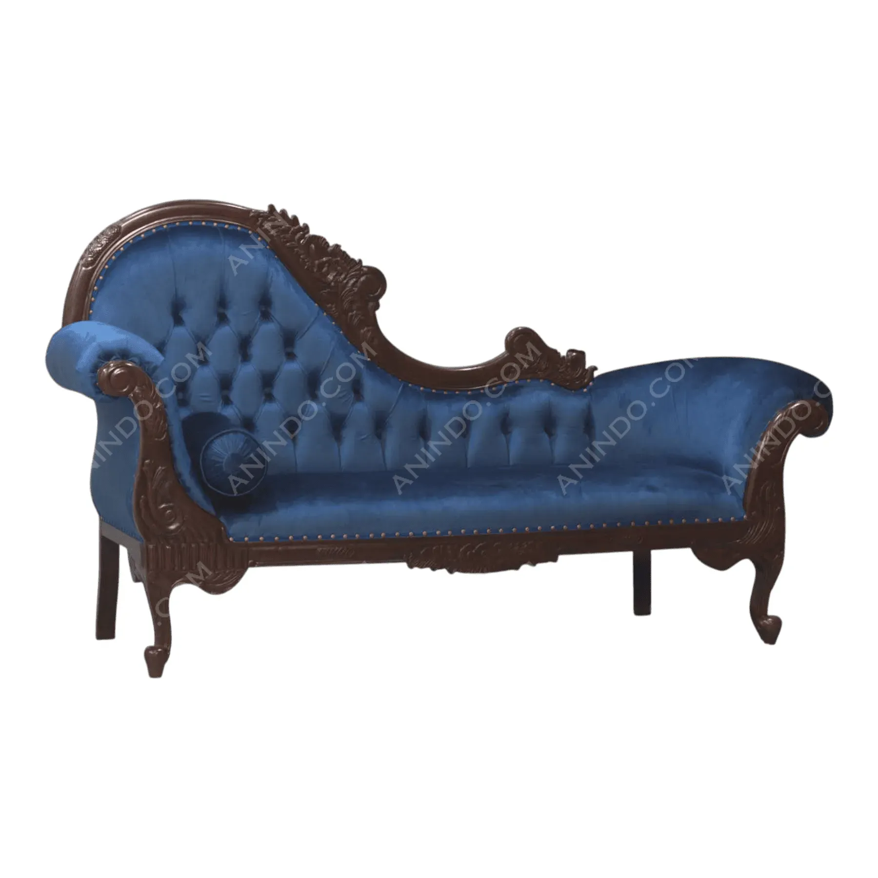 Blue velvet vintage chaise lounge with wooden frame