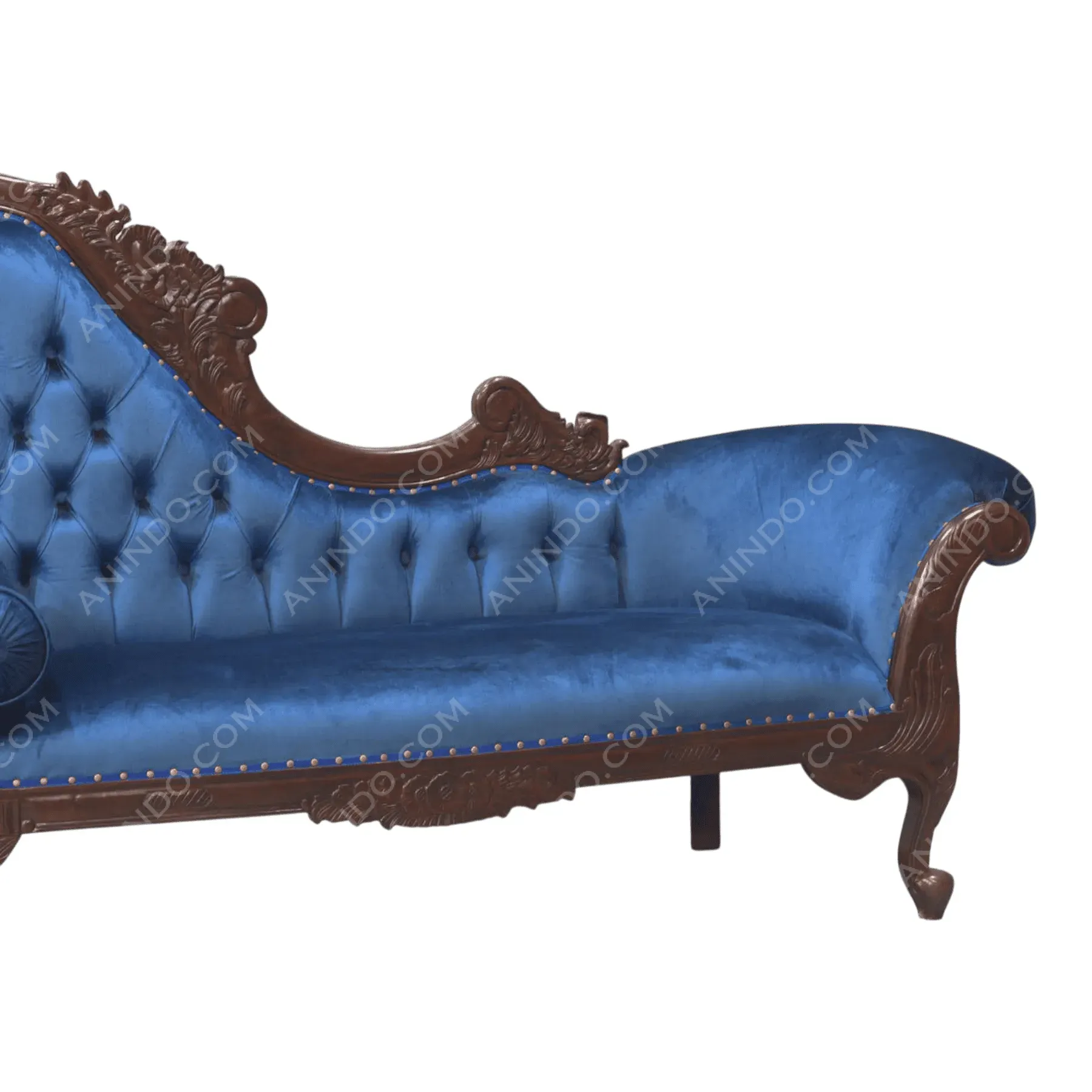 Vintage blue velvet chaise lounge with wood frame