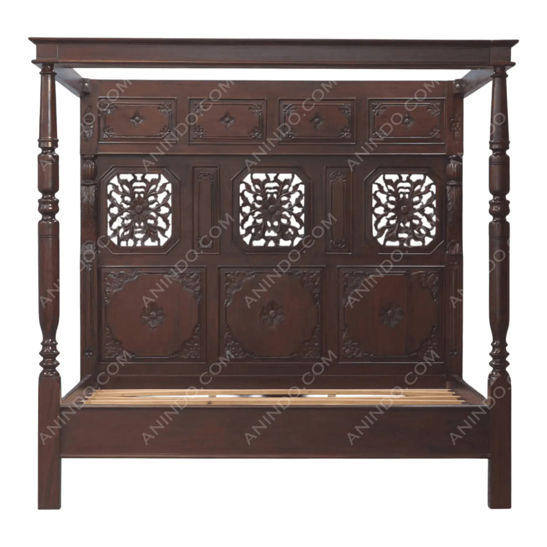 Ornate dark wood carved canopy bed frame