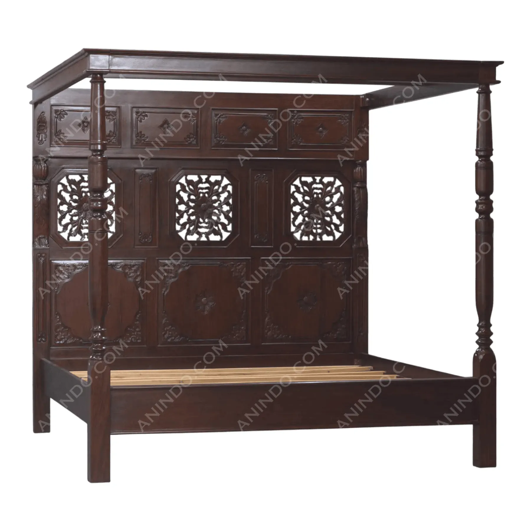 Dark wood carved canopy bed frame