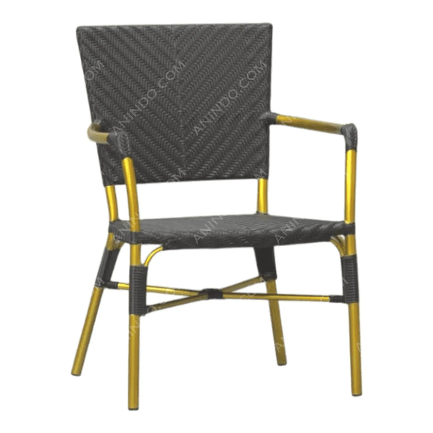 Black woven chair with gold metal frame