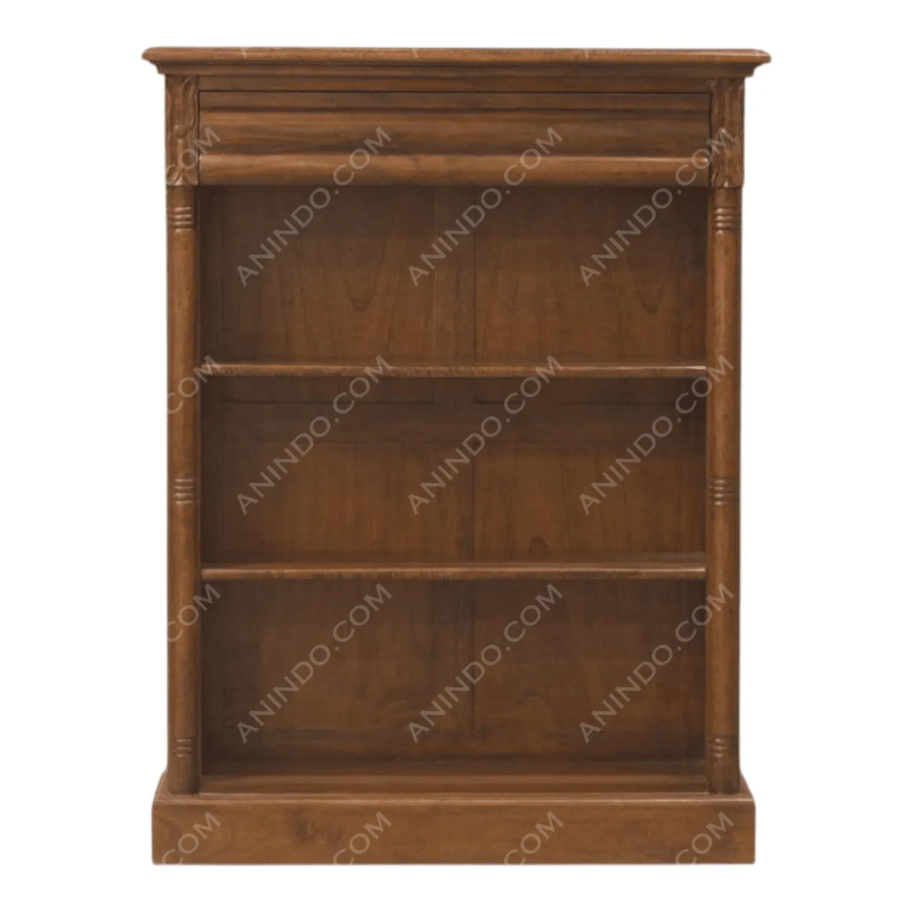 Brown wooden bookshelf with three shelves