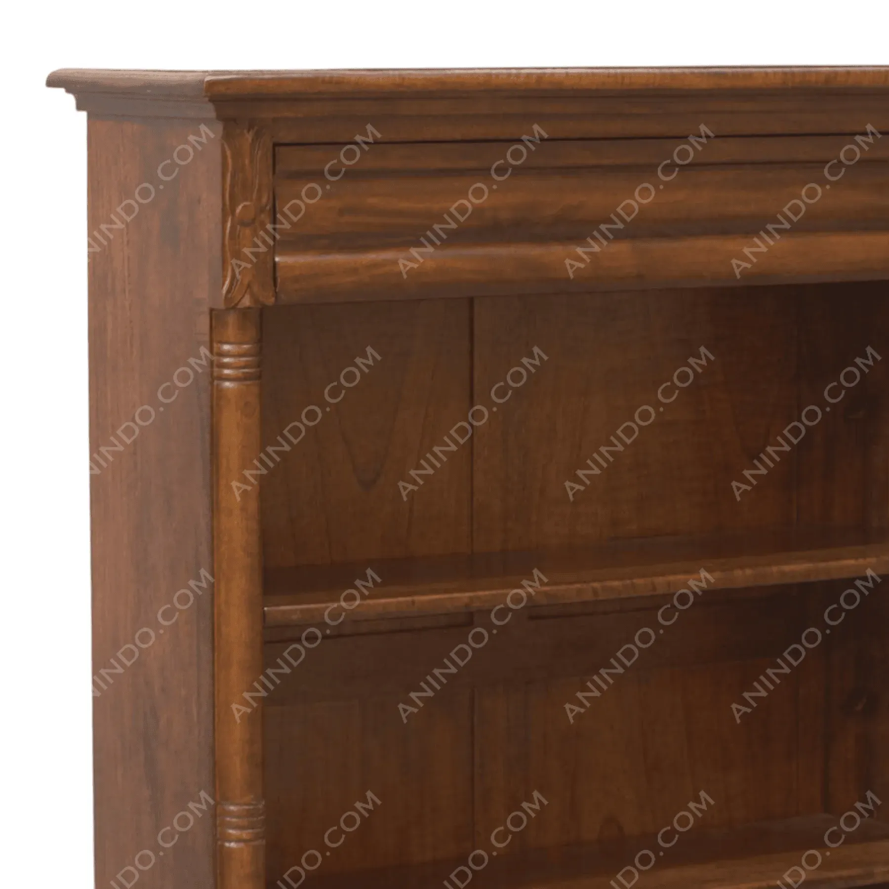 Wooden bookshelf with two shelves and carved trim