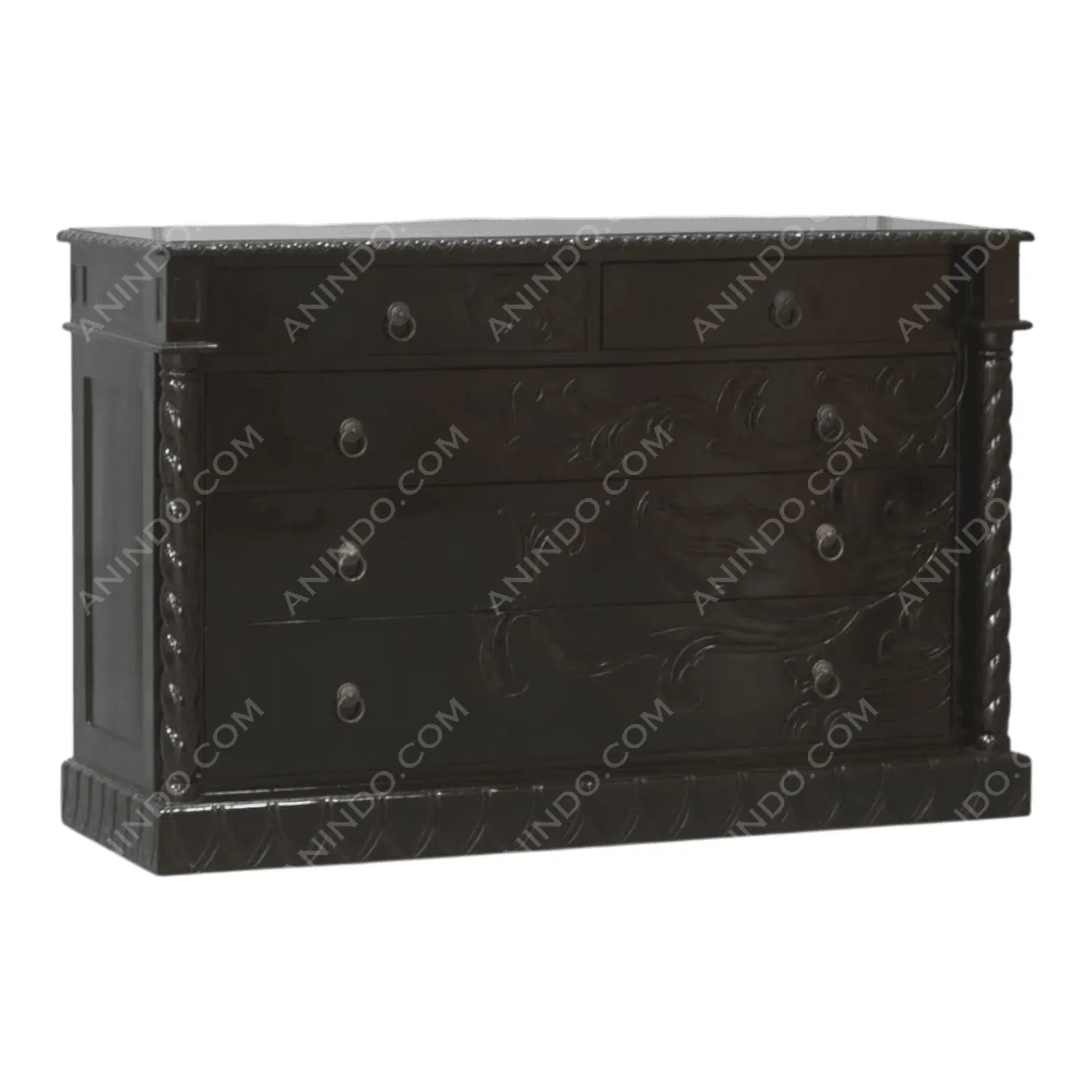 Dark wooden dresser with carved decorative details