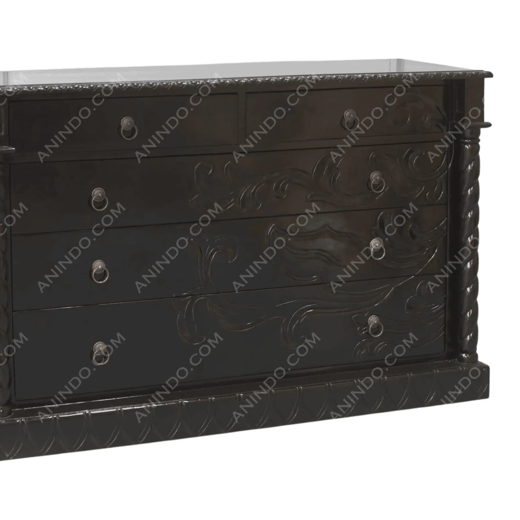 Dark wooden dresser with carved floral design