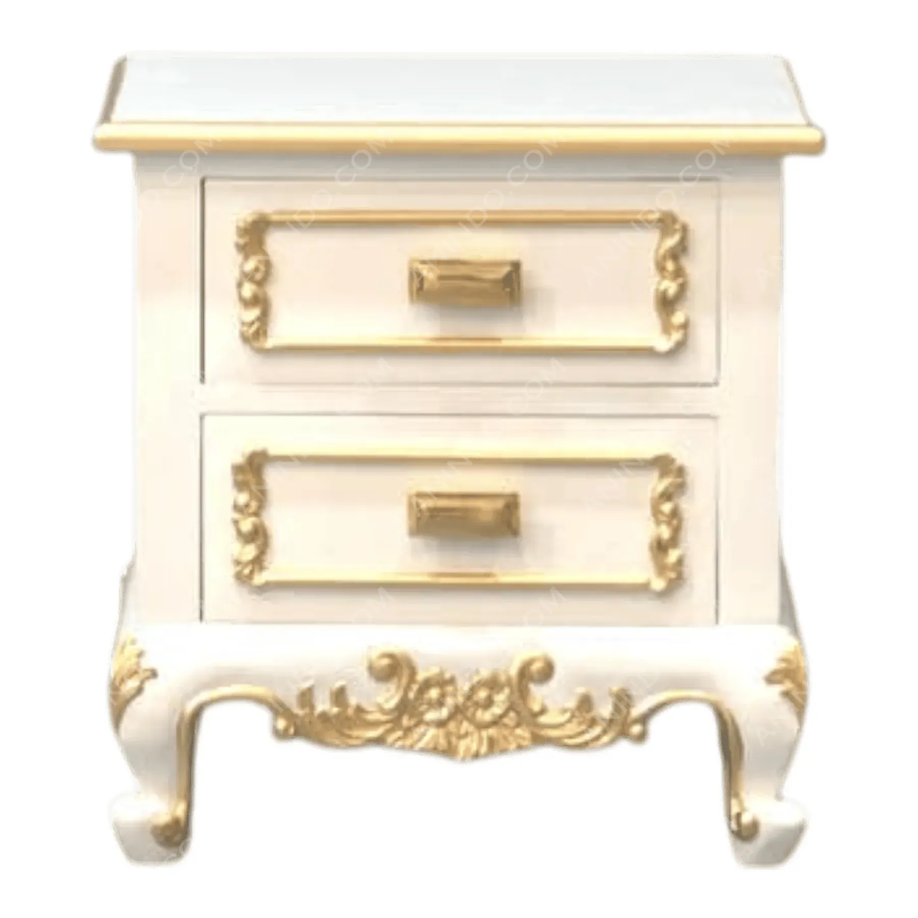 White and gold ornate two-drawer nightstand