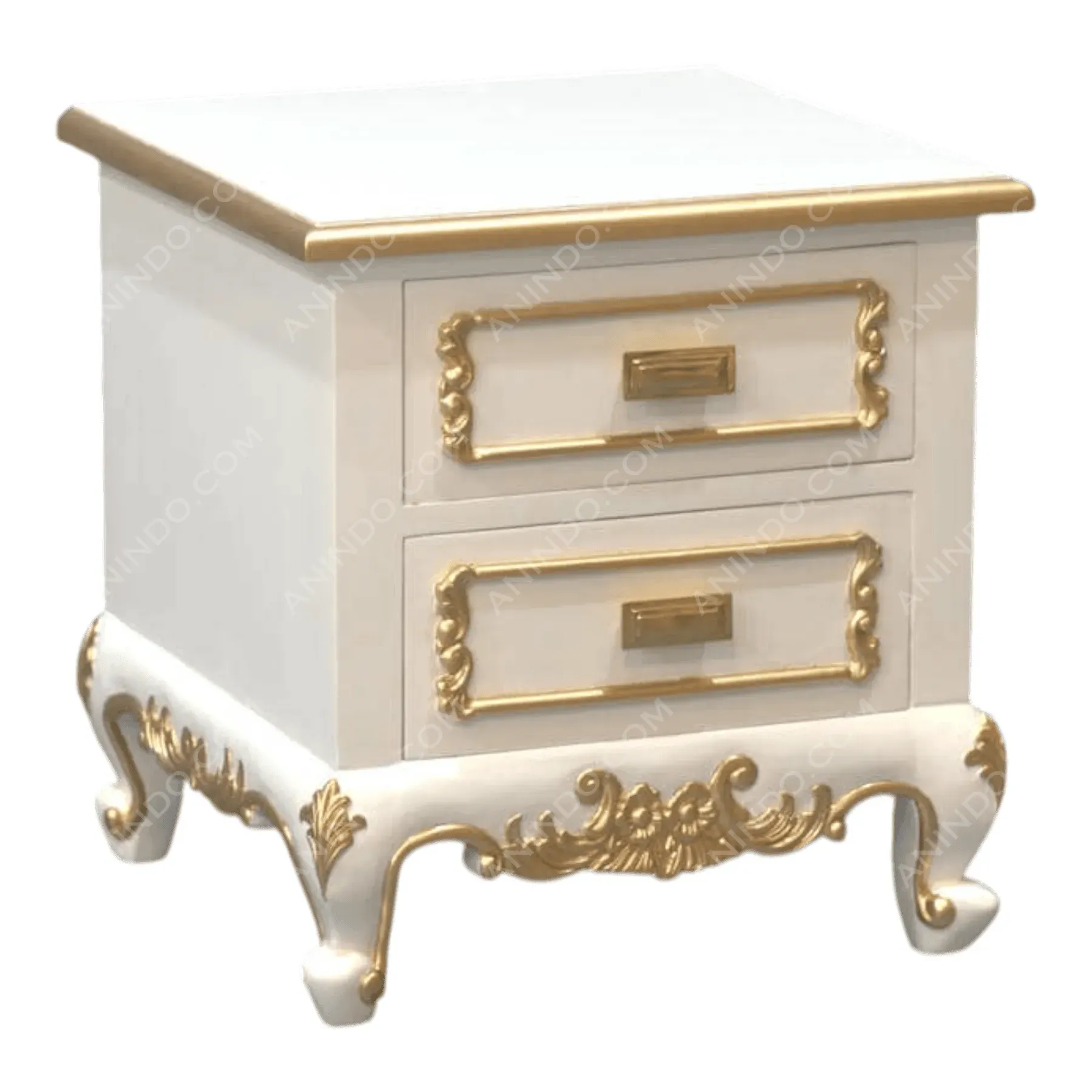 White and gold ornate nightstand with two drawers