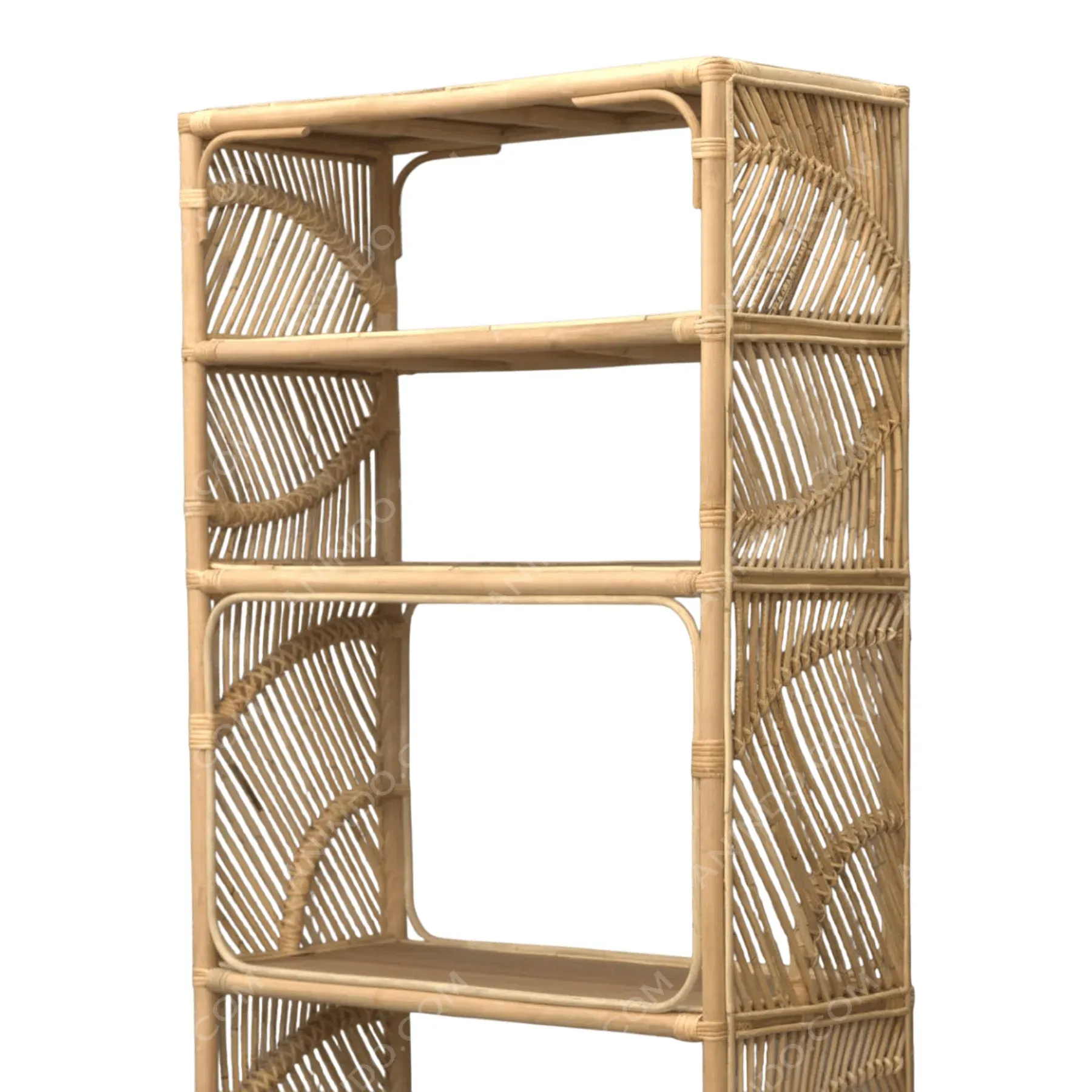 Tall rattan bookshelf with four open shelves