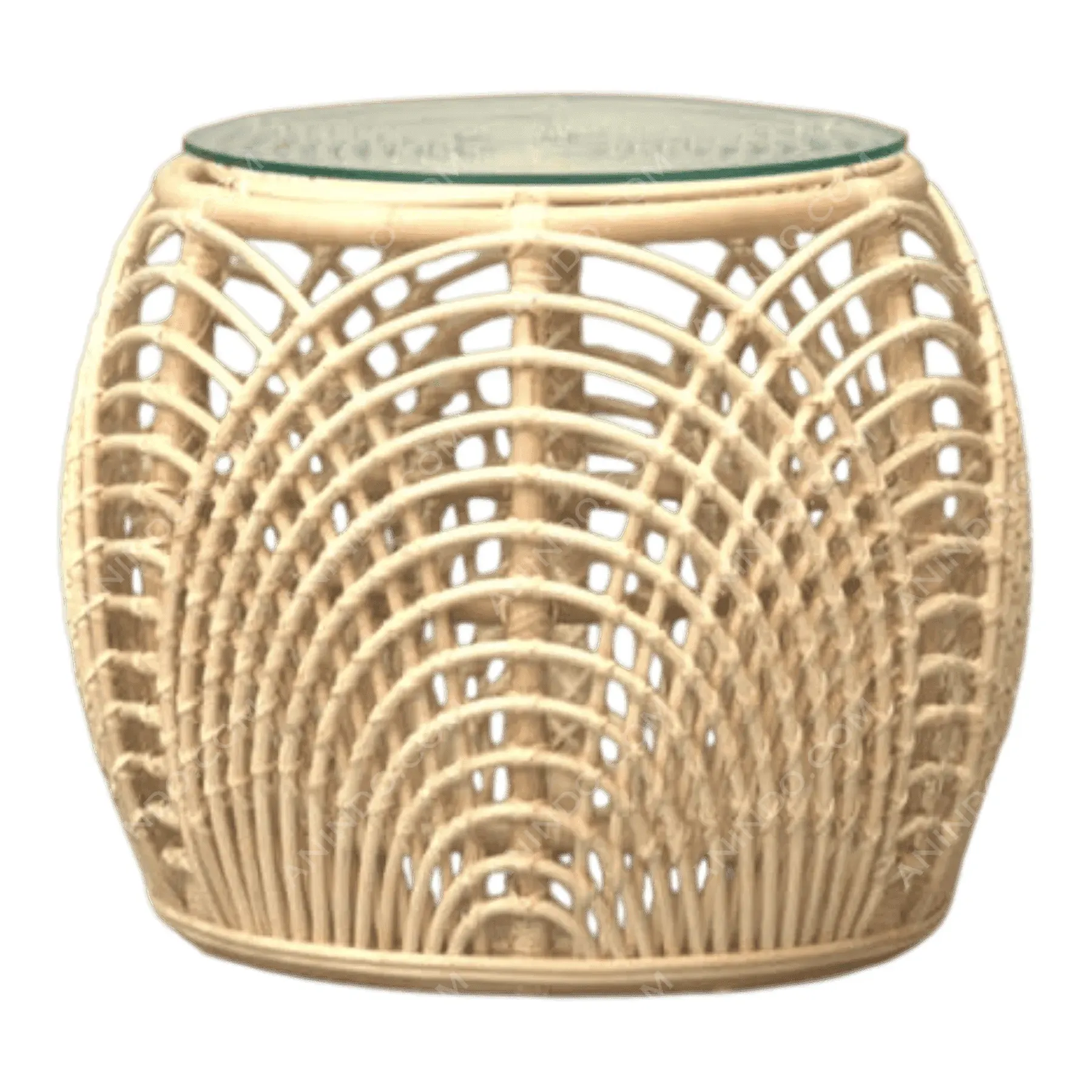 Round rattan wicker side table with glass top