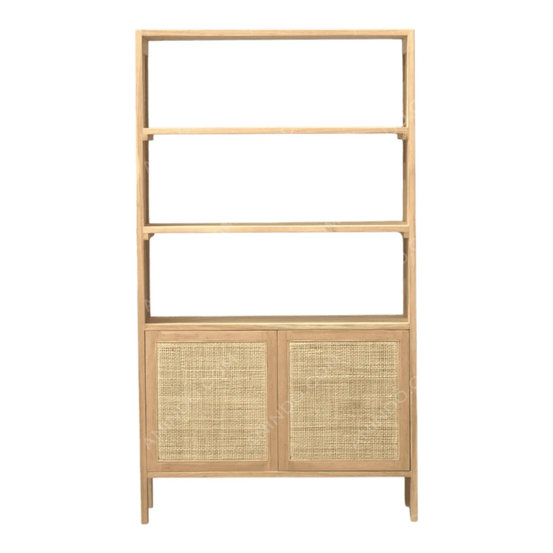 Wood bookshelf with rattan cabinet doors