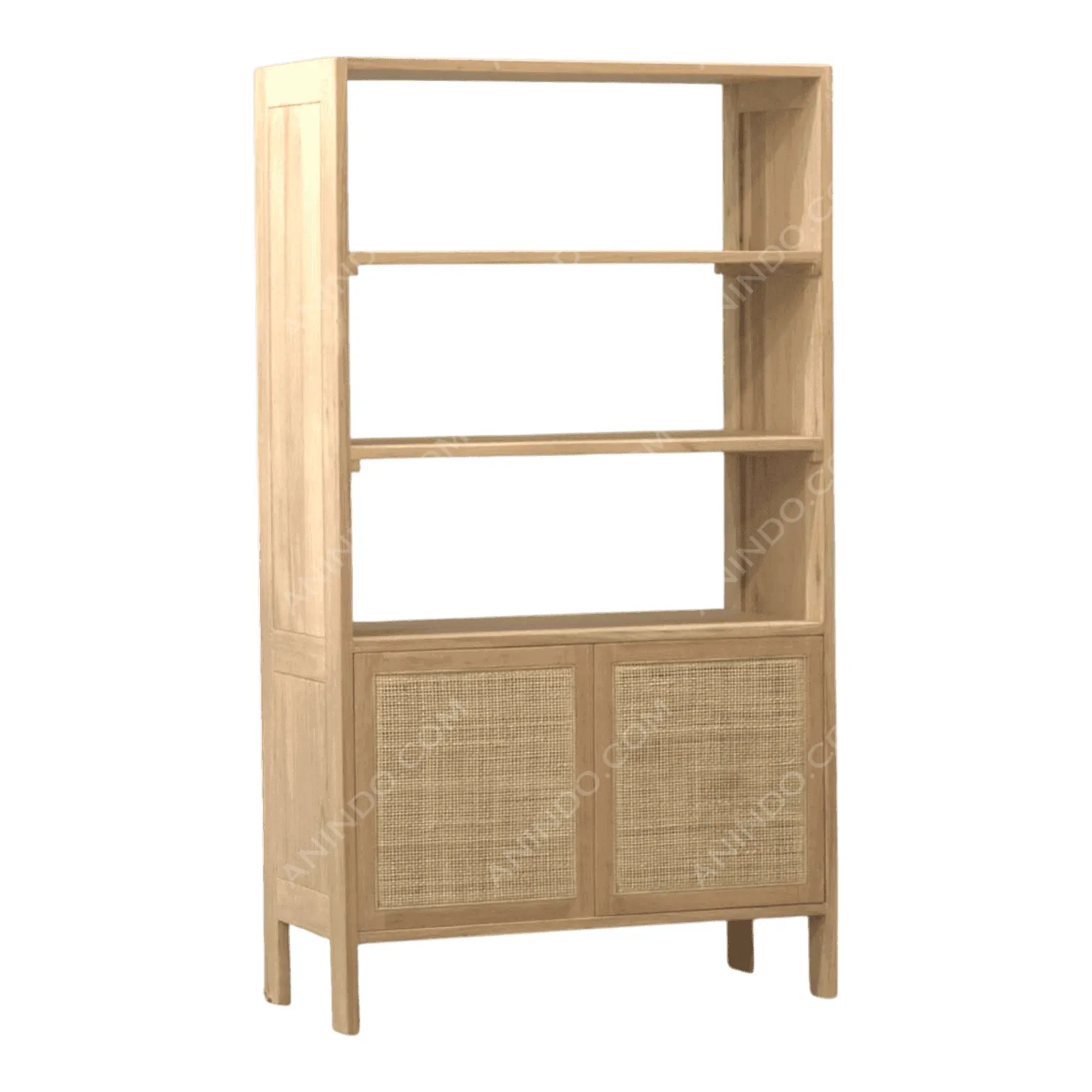 Wooden bookshelf with open shelves and cabinet doors