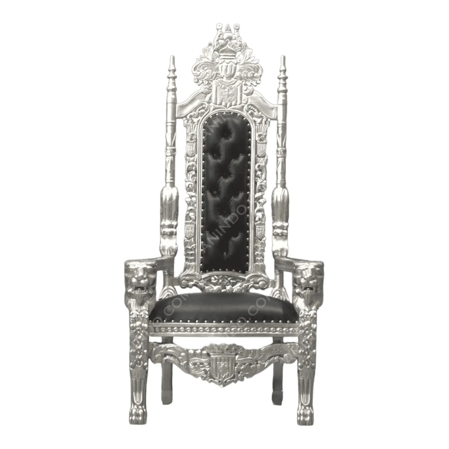 Ornate silver throne with black tufted upholstery