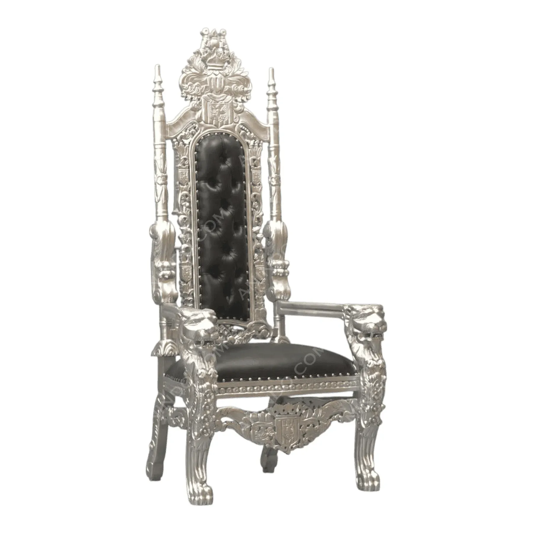 Silver ornate throne with black leather upholstery