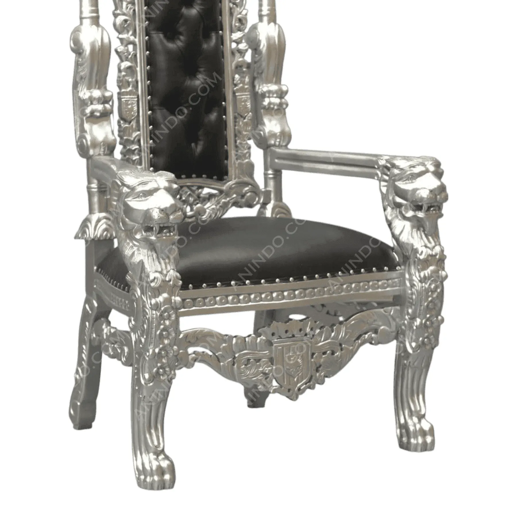 Silver ornate throne chair with black leather upholstery