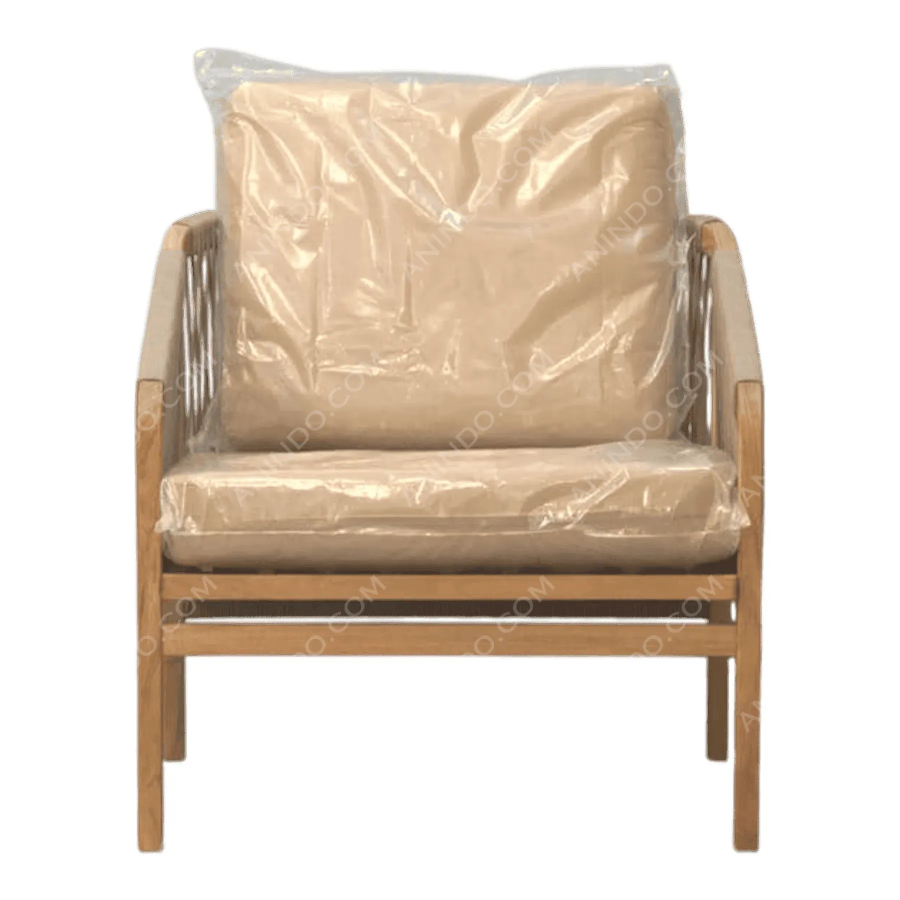 Beige cushioned wooden armchair front view