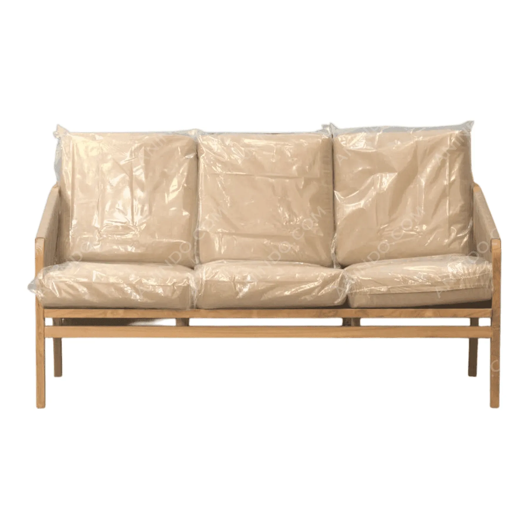 Beige wooden frame three-seater sofa