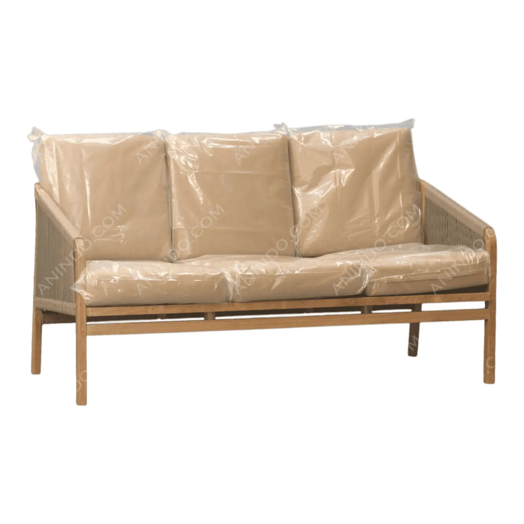Wooden sofa with beige cushions wrapped in plastic