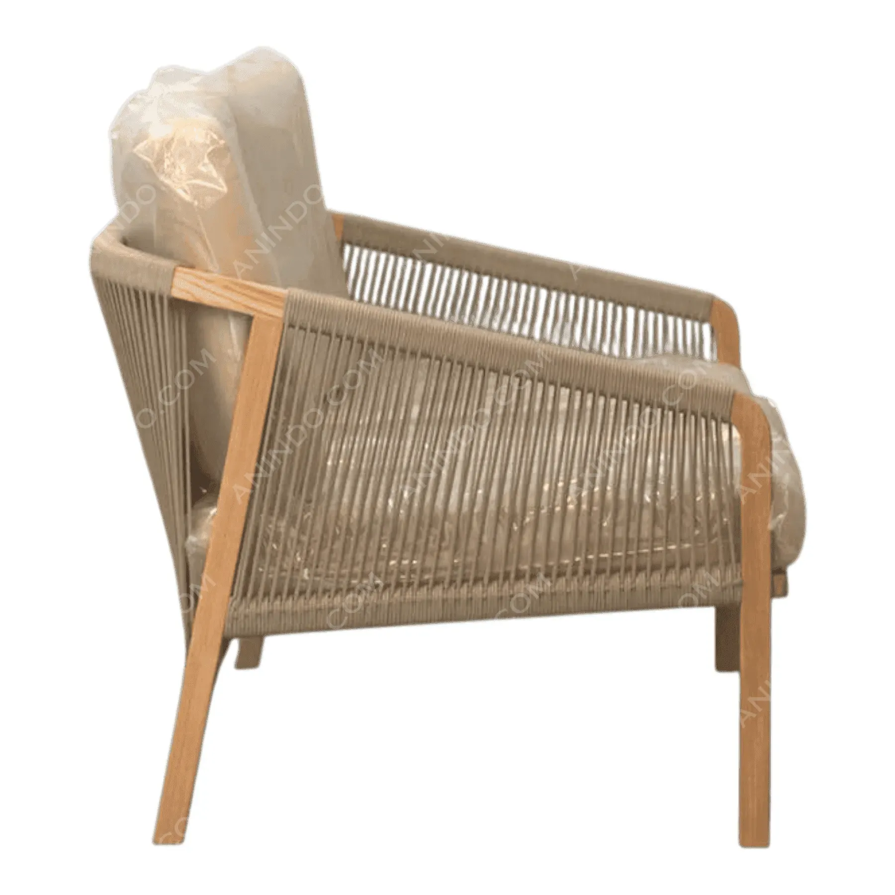 Modern beige rope armchair with wooden frame