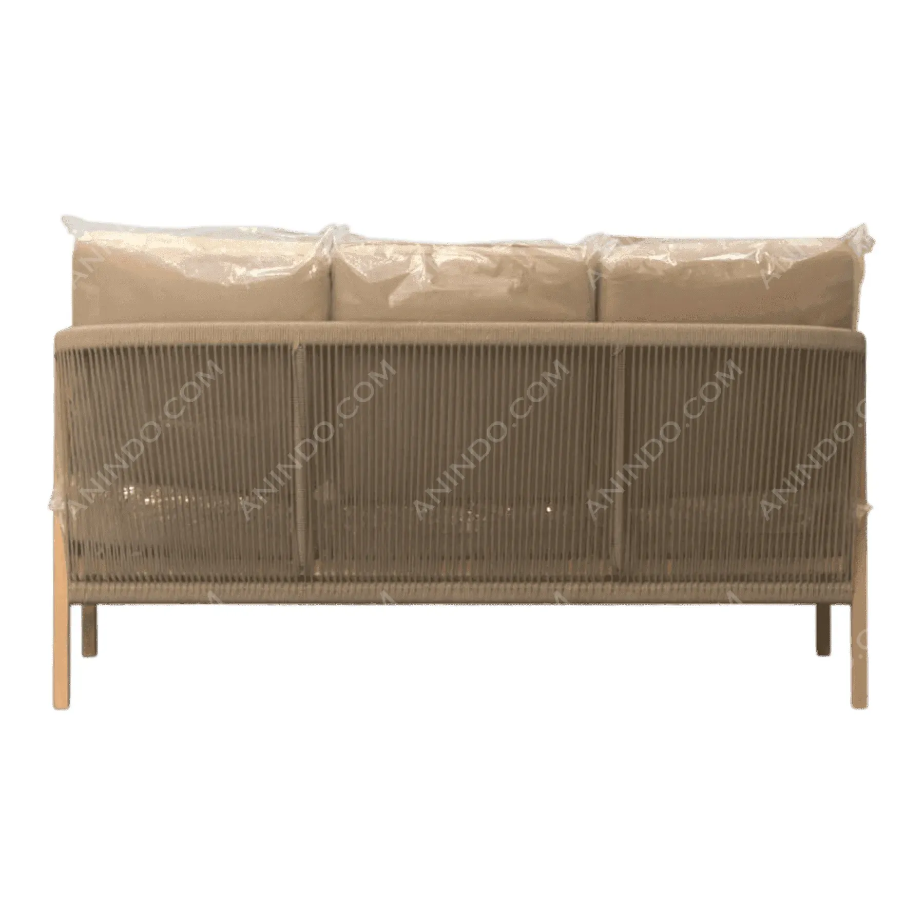Beige outdoor sofa with rope backrest and cushions