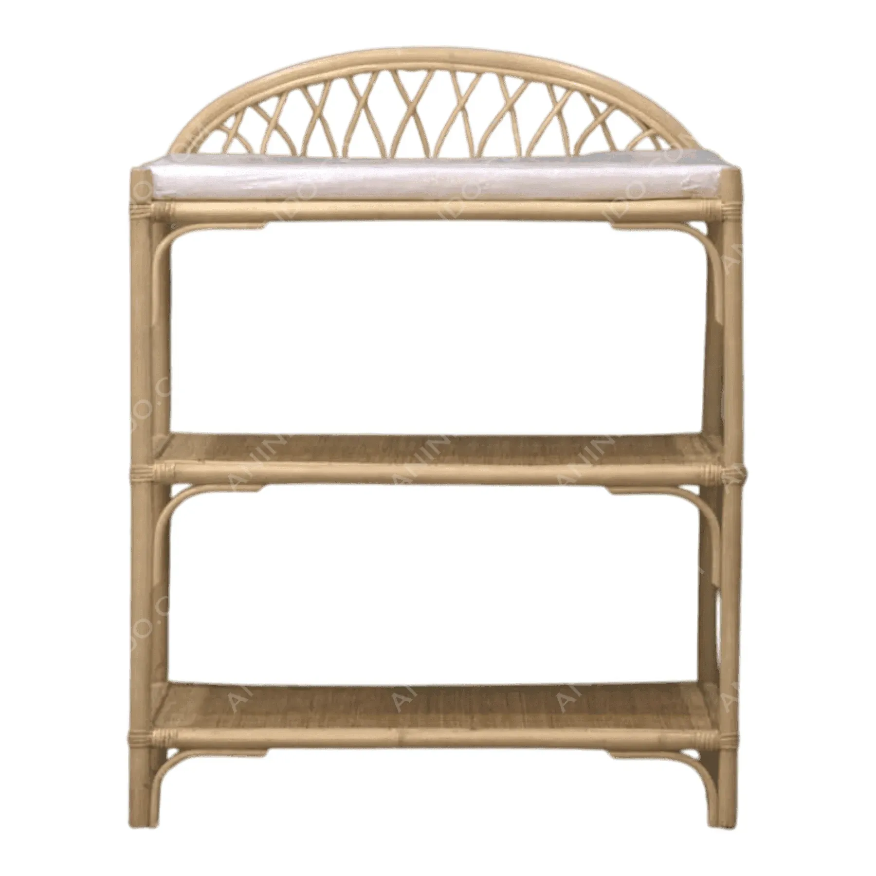 Three-tier rattan shelf with cushioned top