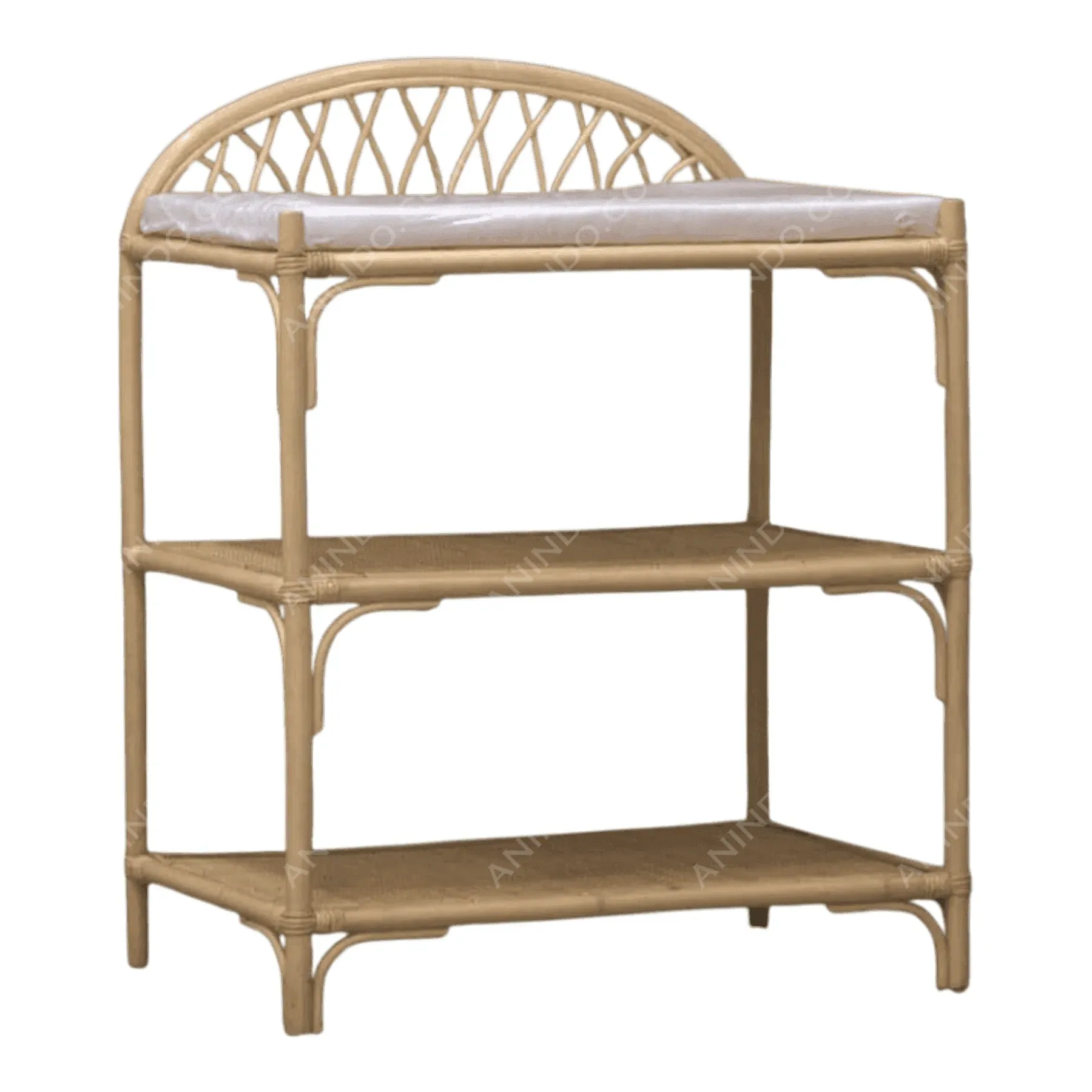 Wooden rattan shelf with cushioned top seat