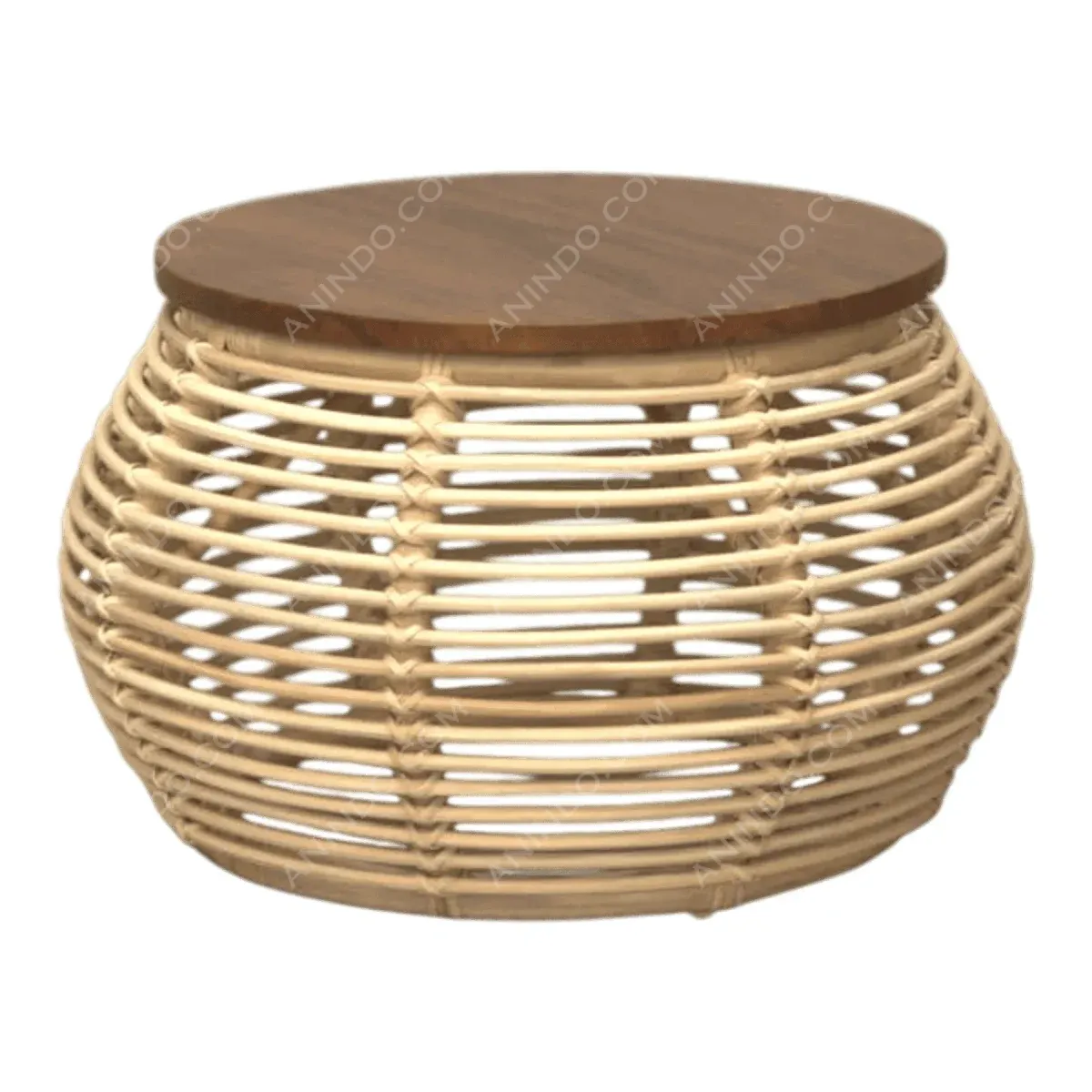 Round woven basket table with wooden top.