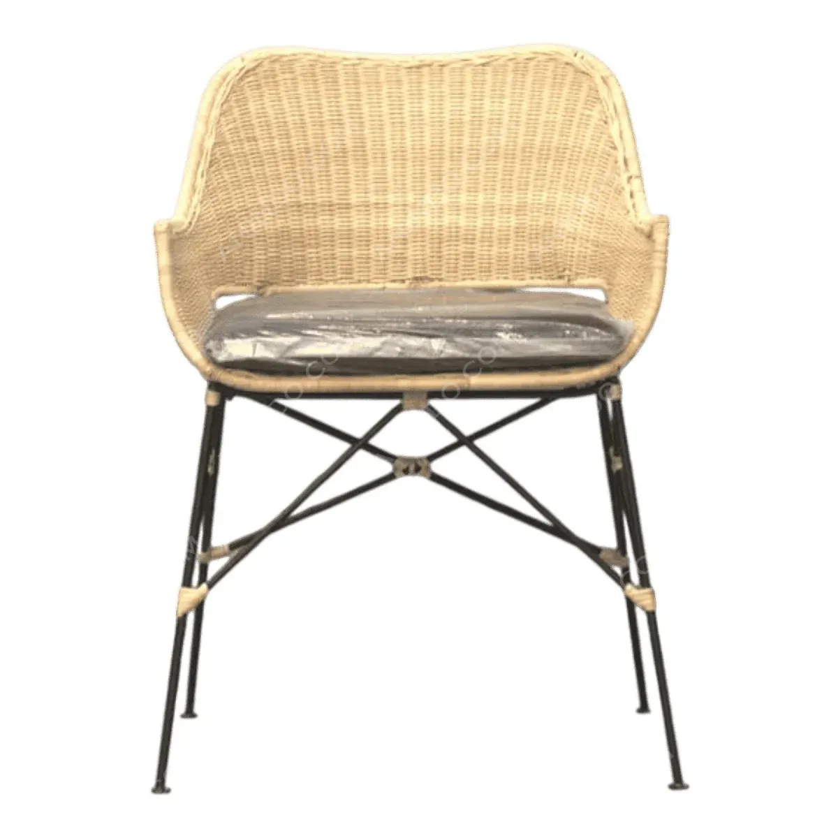 Woven chair with a metal frame and cushion