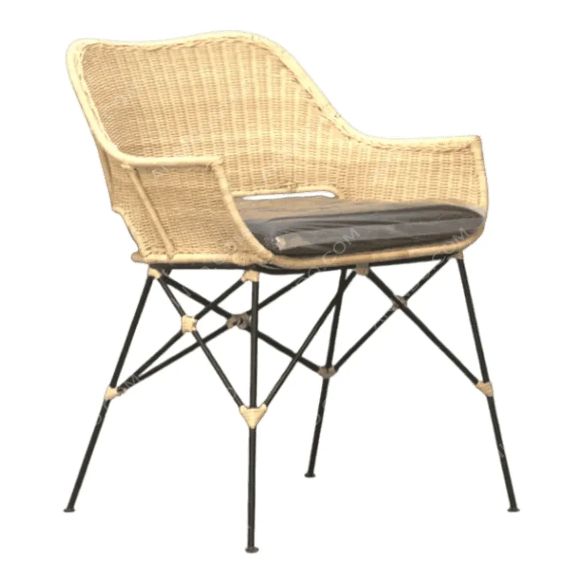 Stylish rattan chair with a cushioned seat.
