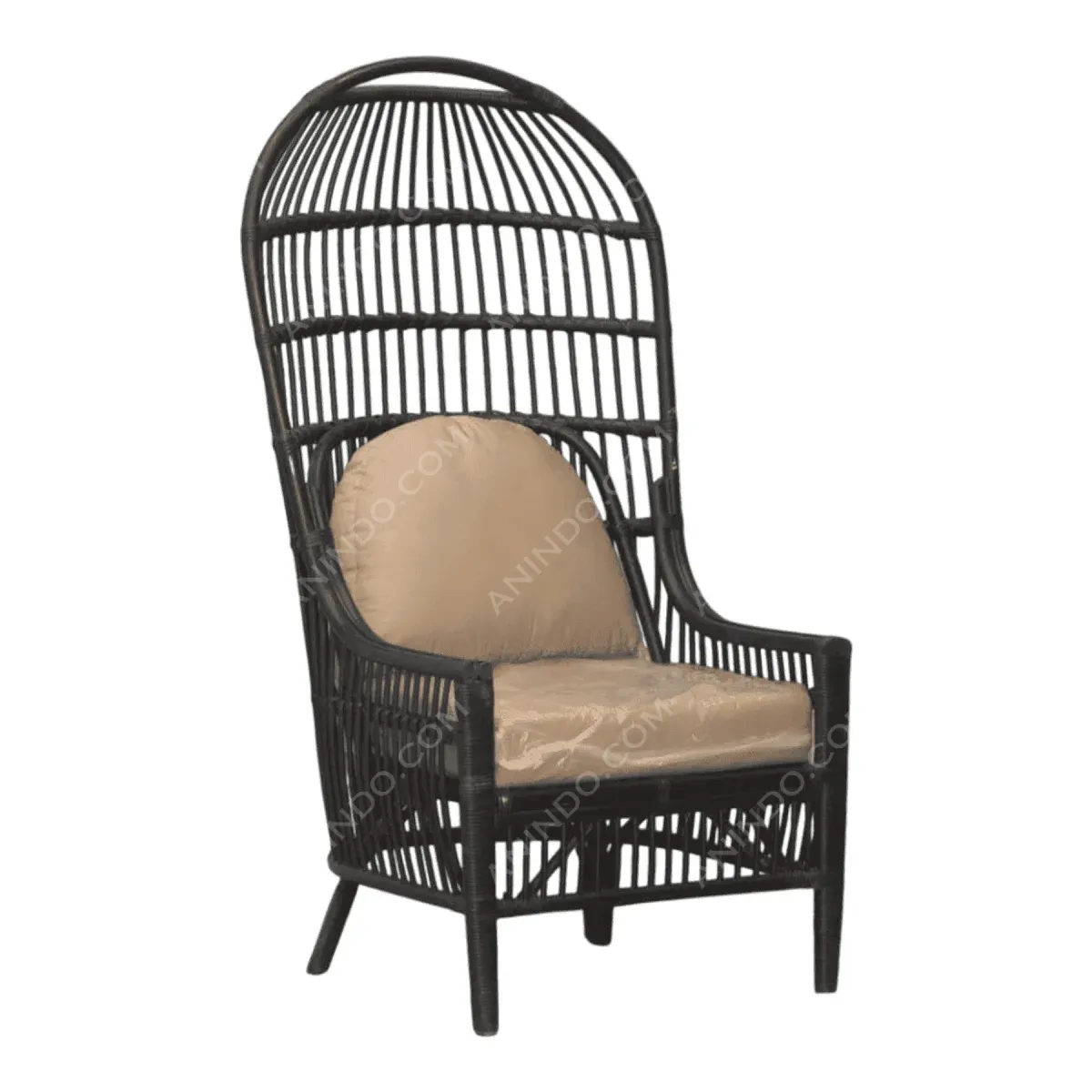 Stylish rattan chair with cushioned seat.